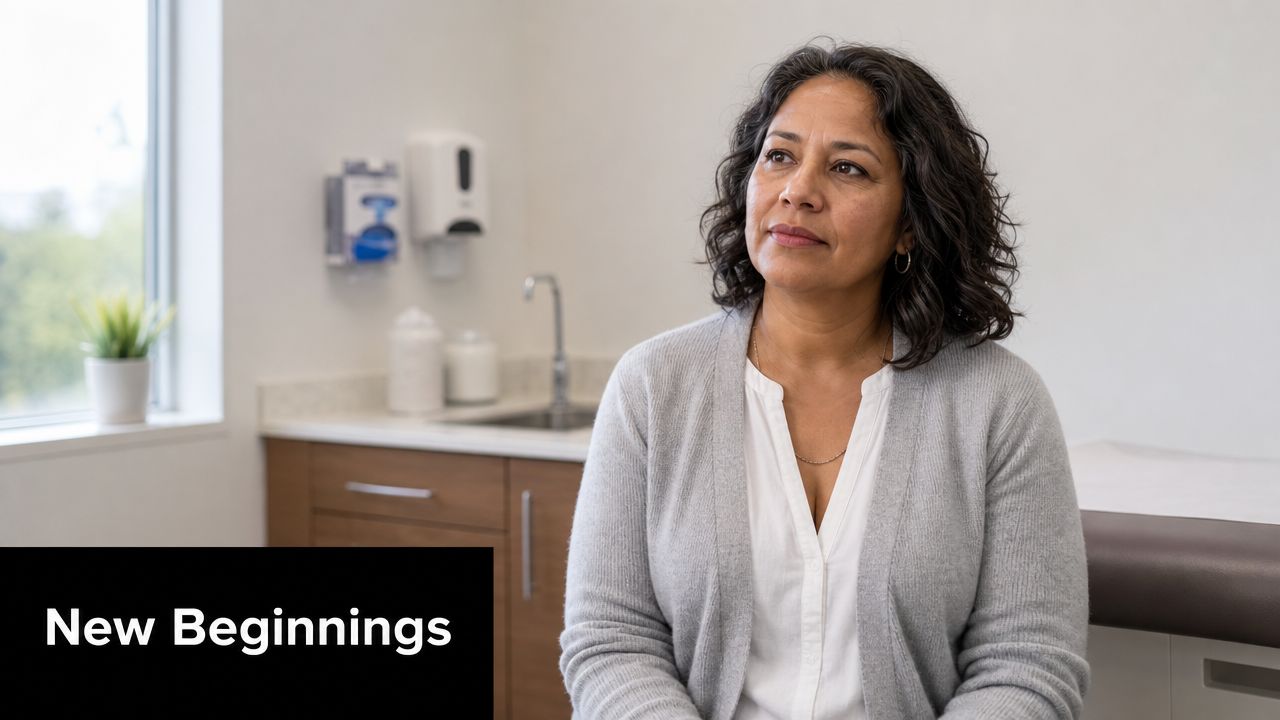 A woman with dark hair sits in a medical office looking thoughtfully off to the side.