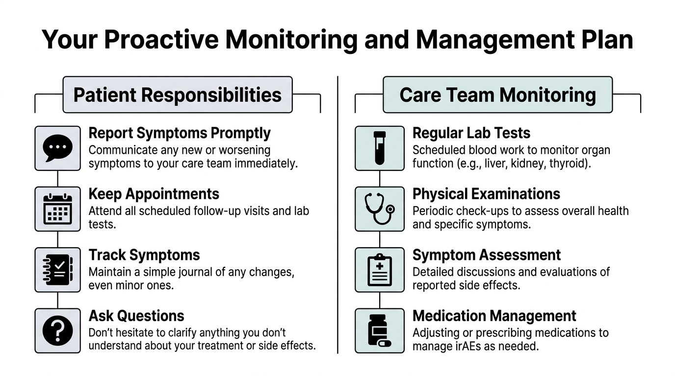 A proactive monitoring and management plan guide outlining patient responsibilities and care team monitoring actions for treatment.