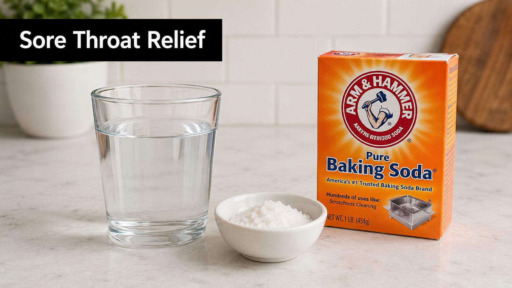 A glass of water and a bowl of baking soda next to a box of Arm and Hammer baking soda.