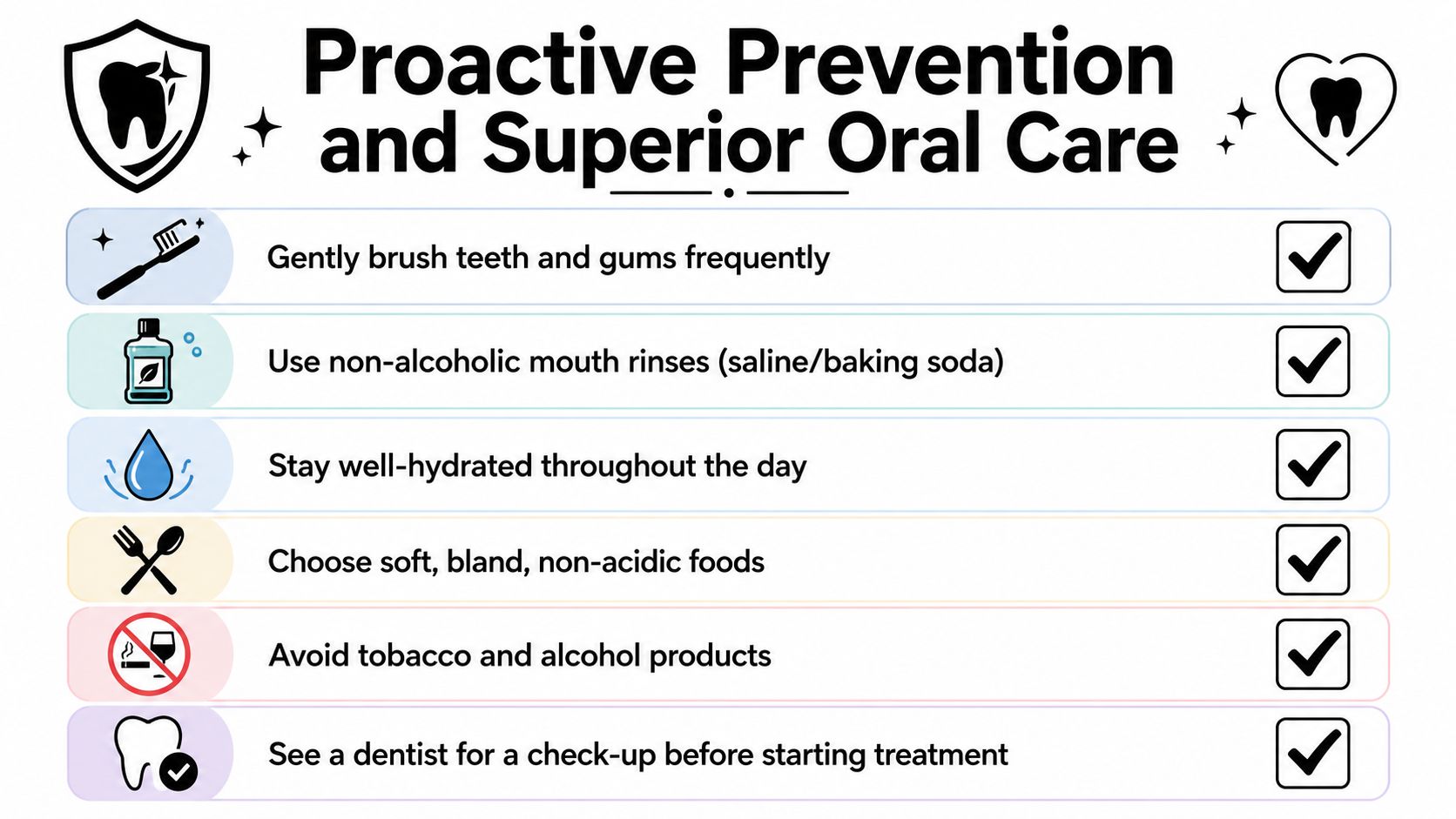 A checklist infographic titled Proactive Prevention and Superior Oral Care with tips for maintaining healthy teeth.