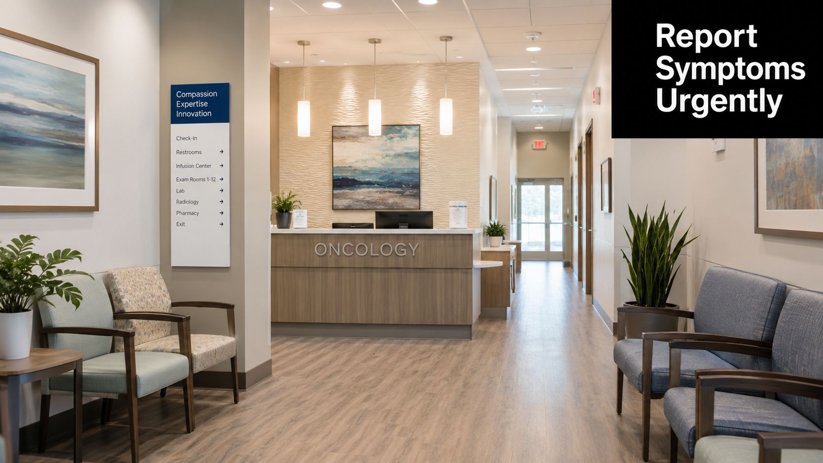 A modern and welcoming reception area of an oncology clinic with waiting room chairs and signage.
