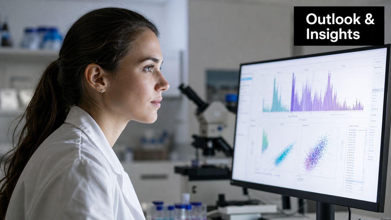 A female scientist in a laboratory reviewing medical research data on a computer screen.