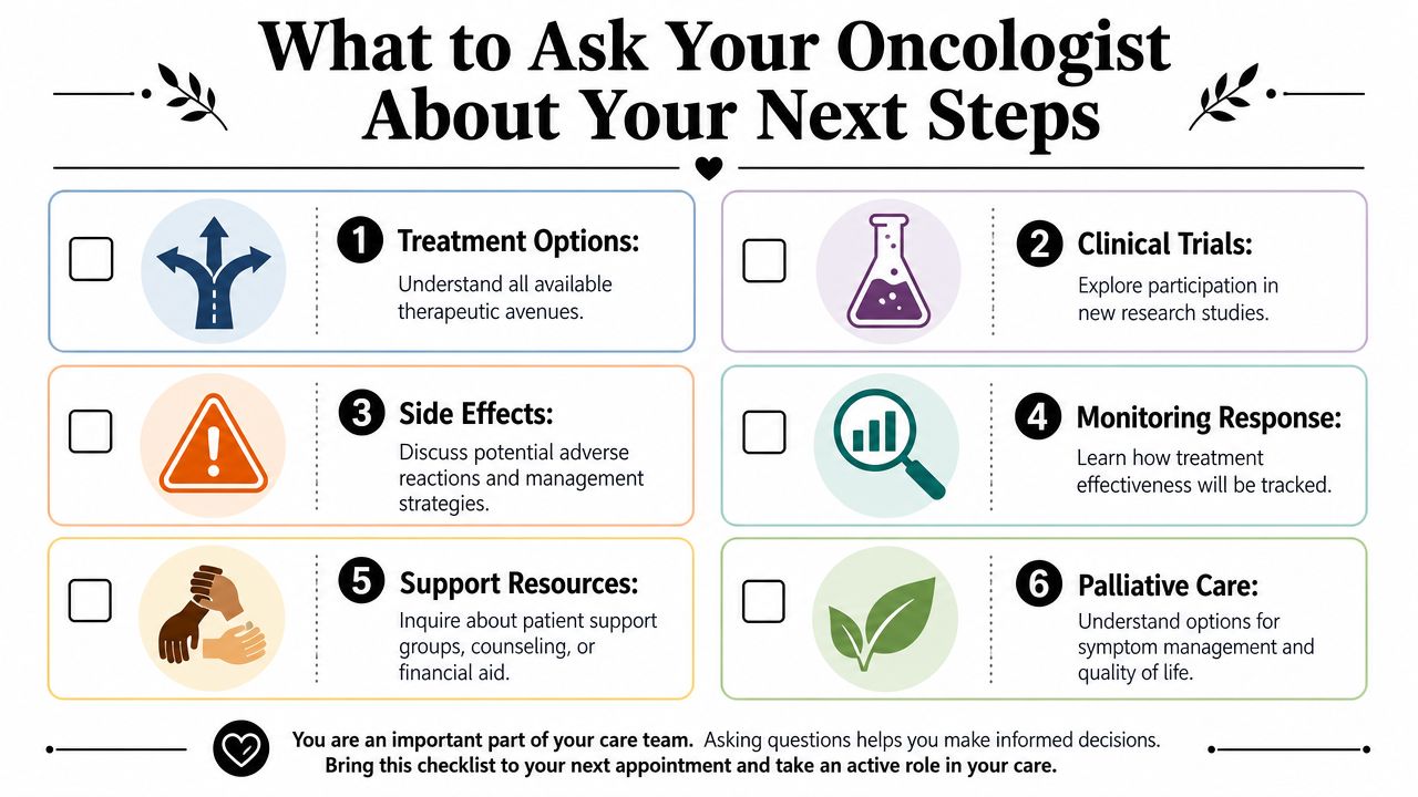 A checklist for cancer patients to ask their oncologist about treatment, side effects, and support resources.