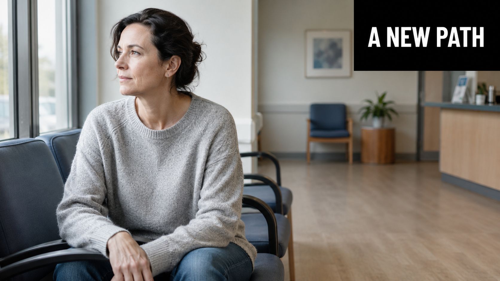 A middle-aged woman sitting in a waiting room, reflecting while looking out a large window.