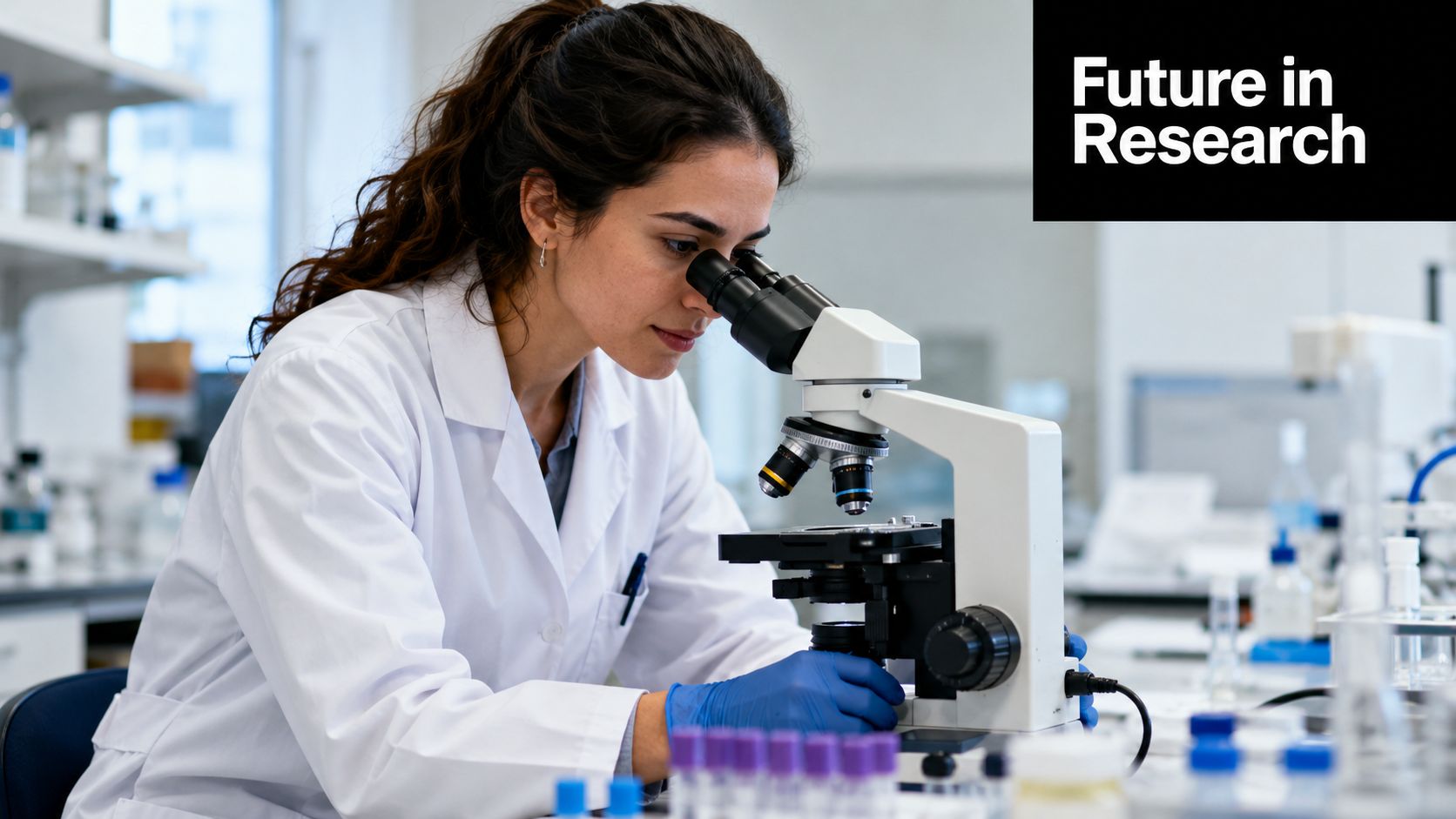A female scientist wearing a white lab coat and blue gloves examining samples under a microscope.
