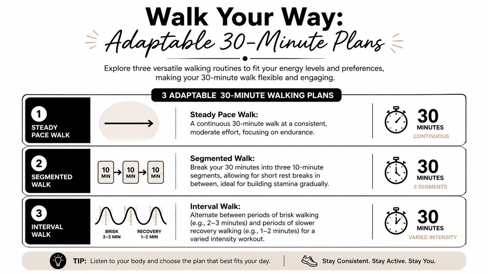 A visual guide illustrating three adaptable 30-minute walking plans, including steady, segmented, and interval walking routines.