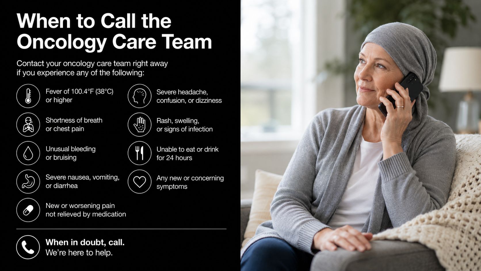 A helpful infographic showing symptoms that indicate when a cancer patient should contact their medical care team.