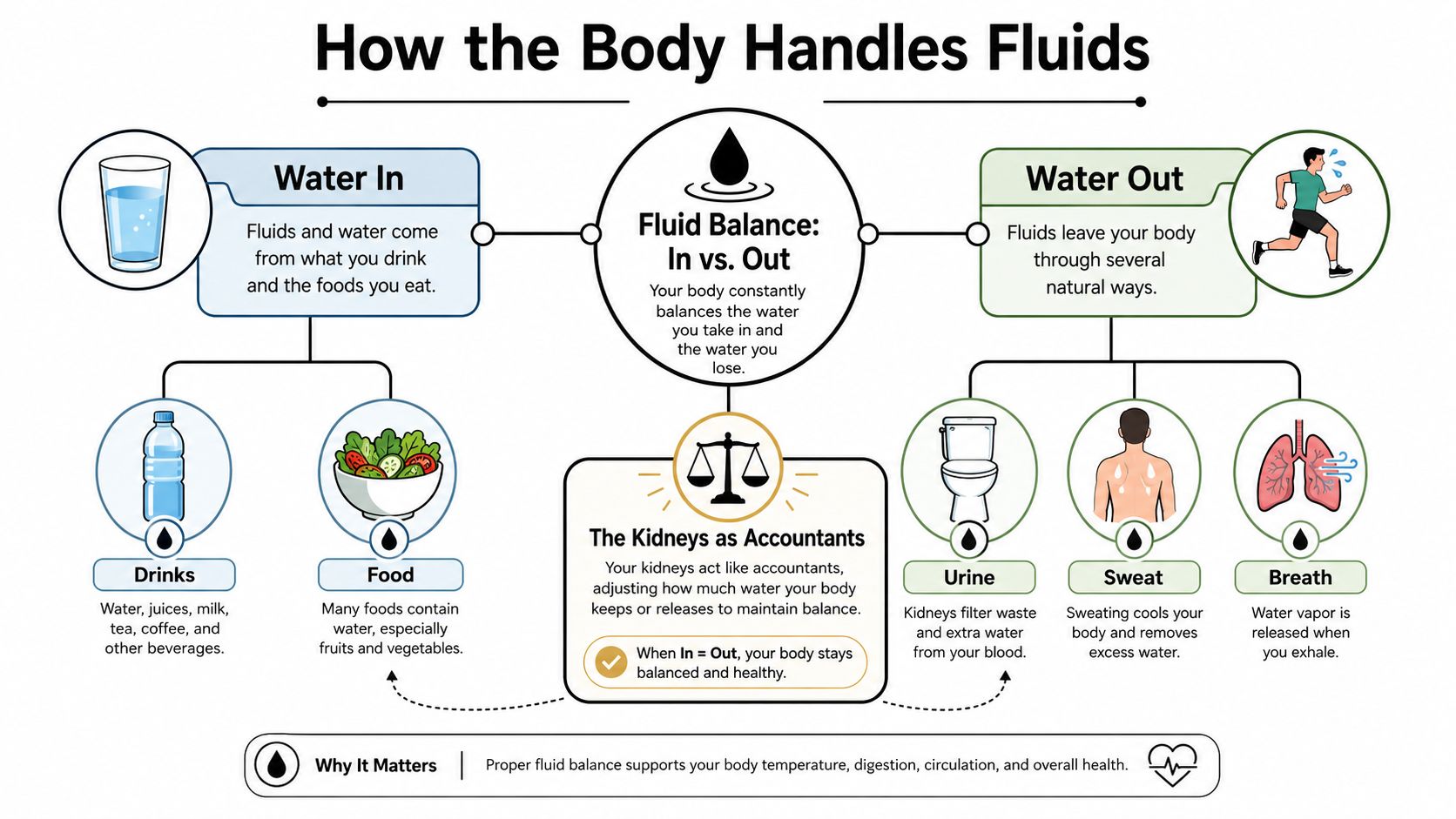 An infographic titled How the Body Handles Fluids showing how water intake and output maintain balance.