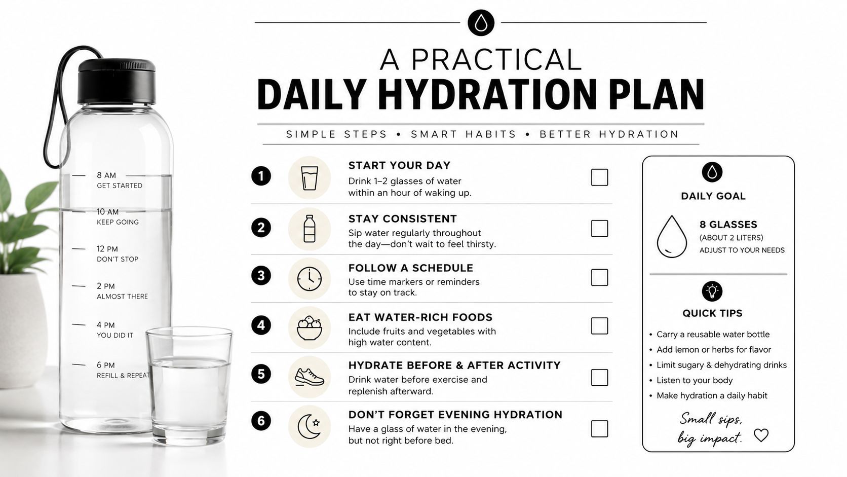 A visual hydration plan infographic featuring a water bottle with time markers and six daily steps.