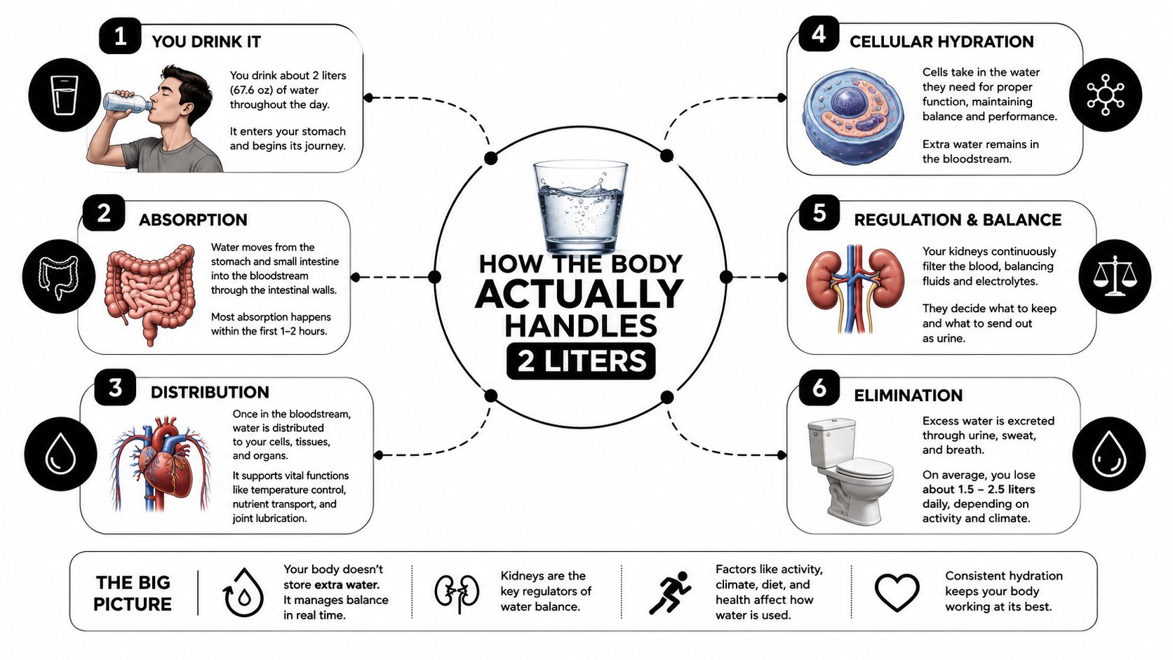 An infographic showing the step-by-step biological process of how the human body processes two liters of water.