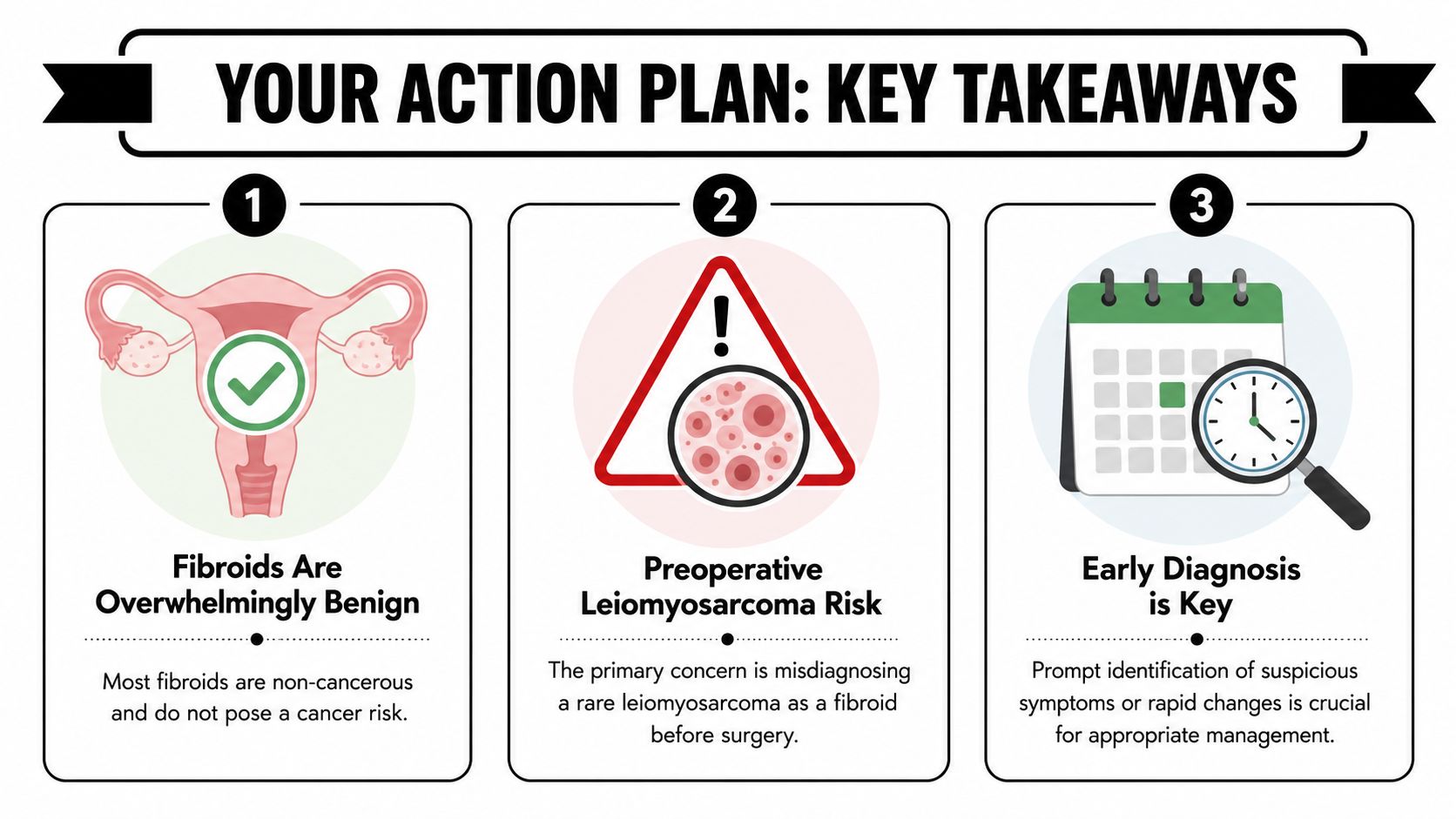 A graphic highlighting key takeaways: fibroids are usually benign, leiomyosarcoma risks, and the importance of early diagnosis.