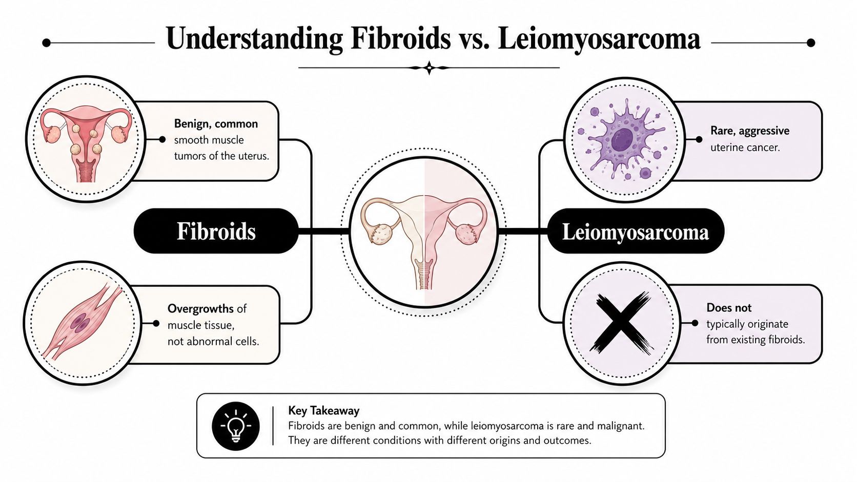 An infographic comparing benign uterine fibroids with the rare and aggressive cancer known as leiomyosarcoma.