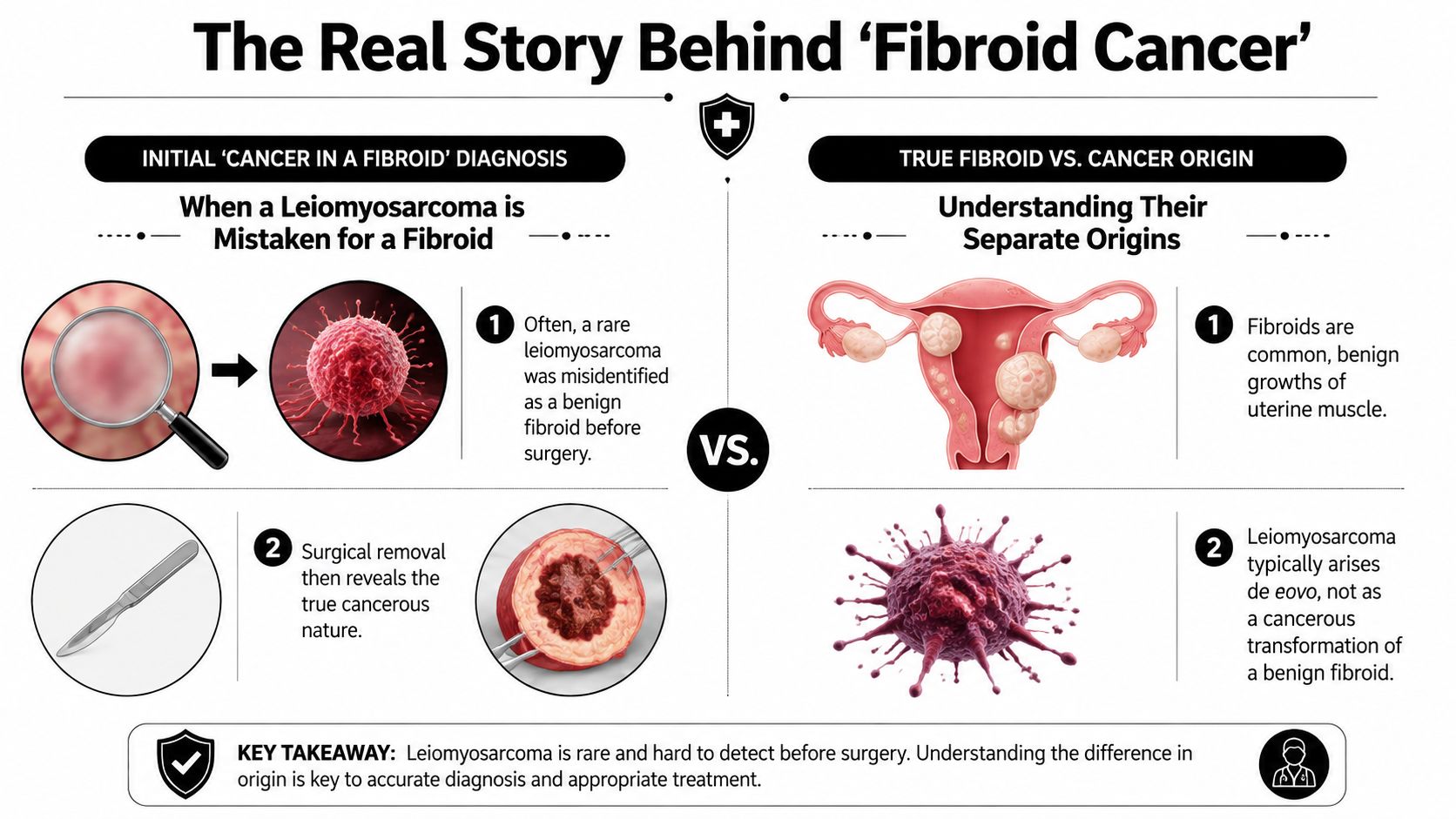 An infographic explaining that fibroids are benign and do not turn into cancer, while leiomyosarcoma is rare.