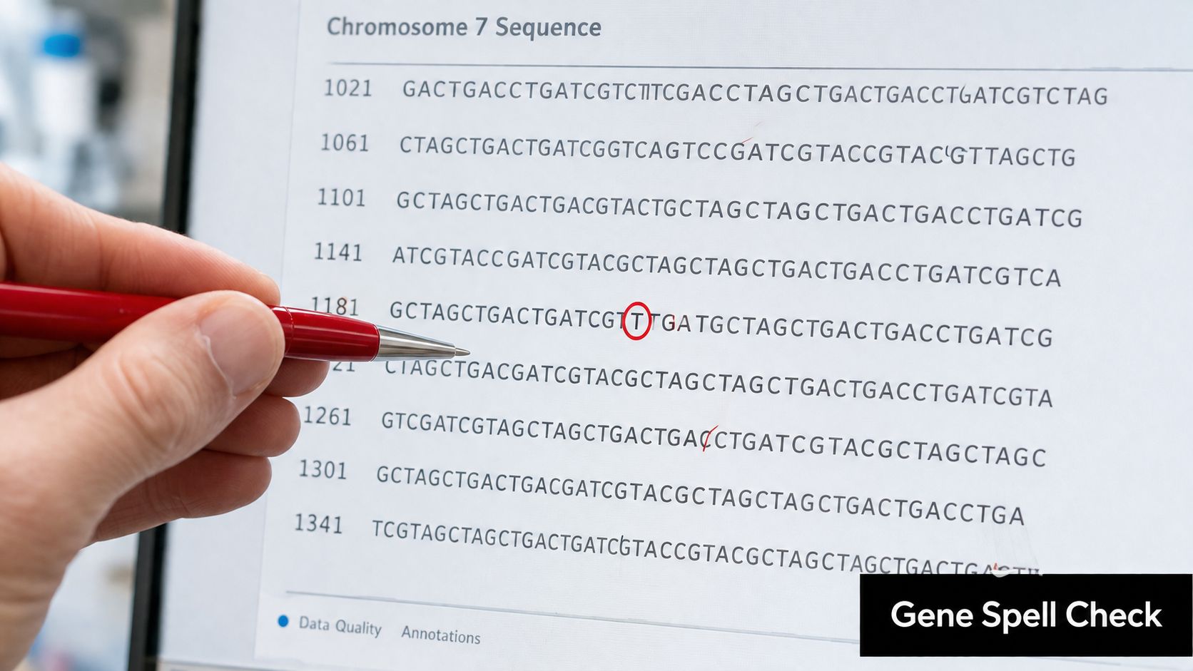 A scientist reviews a genetic chromosome sequence on a screen, pointing at a highlighted mutation.