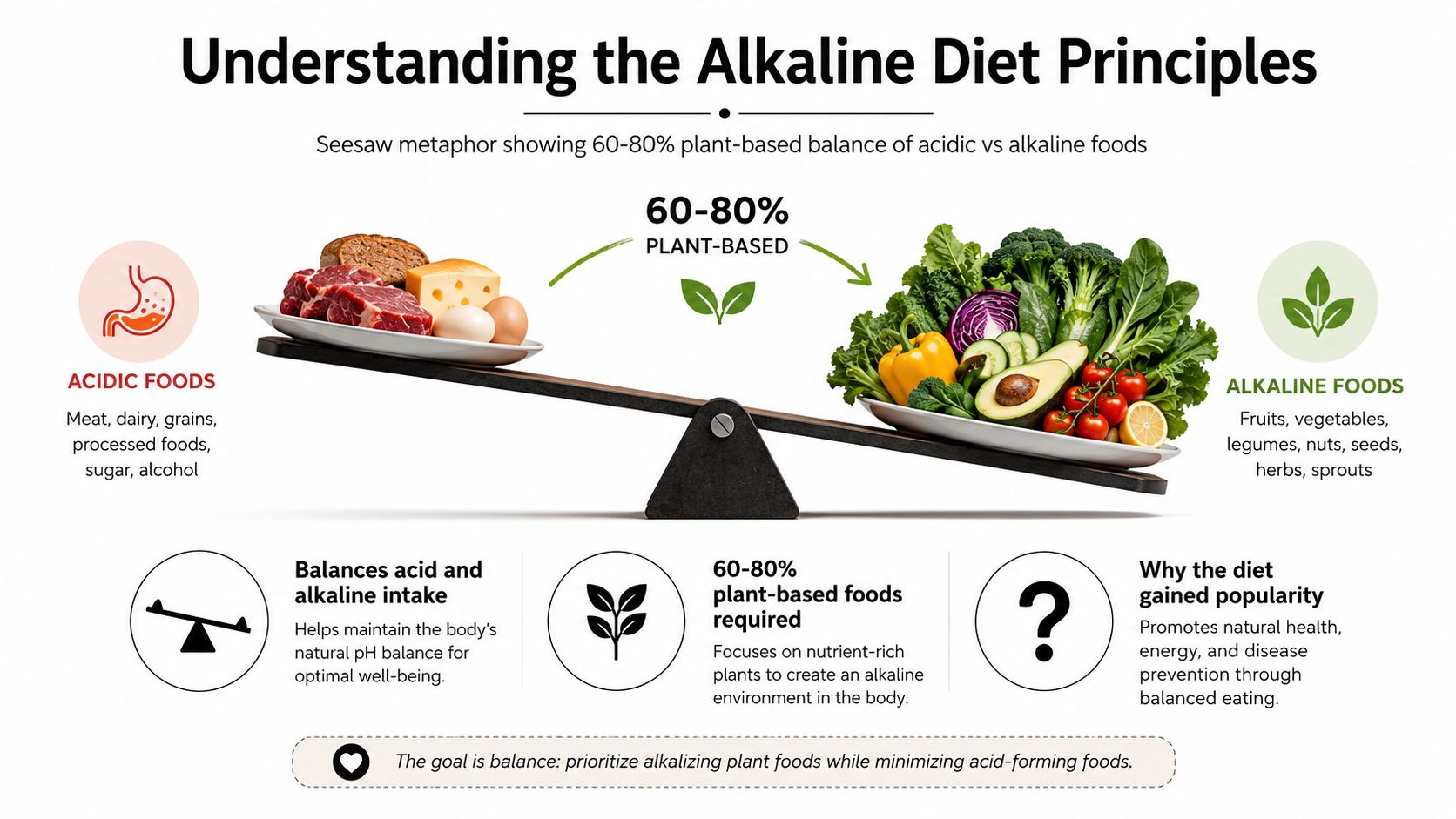 A seesaw illustration showing the alkaline diet balance between acidic foods and plant-based alkaline foods.
