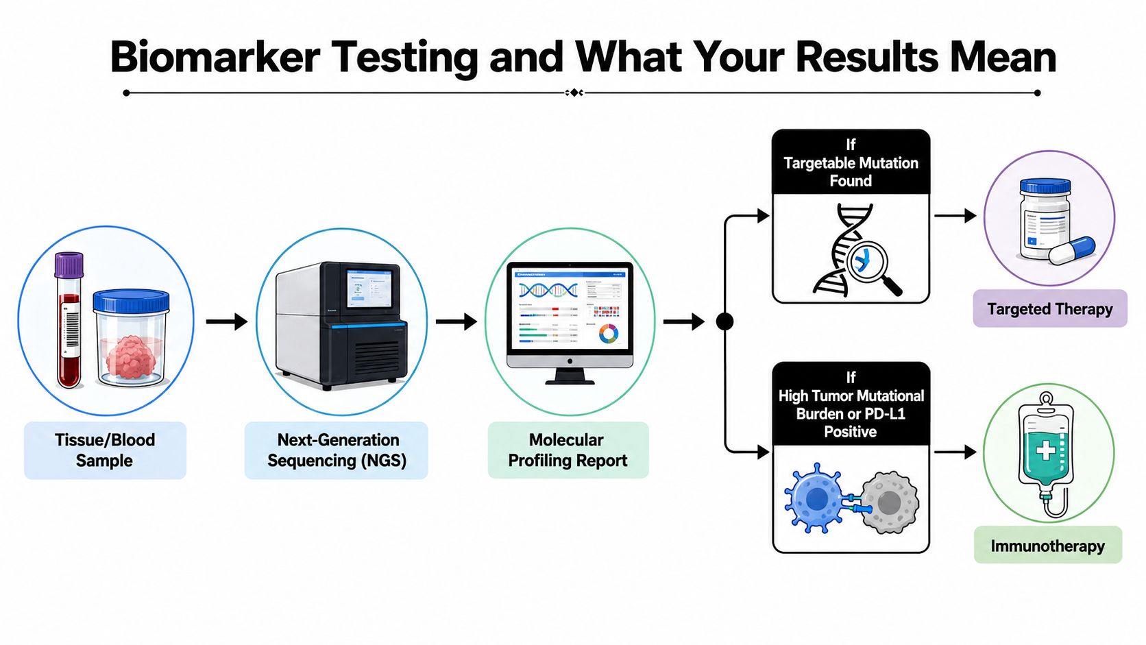 A diagram illustrating the biomarker testing process from initial tissue sample collection to targeted therapy or immunotherapy treatment.
