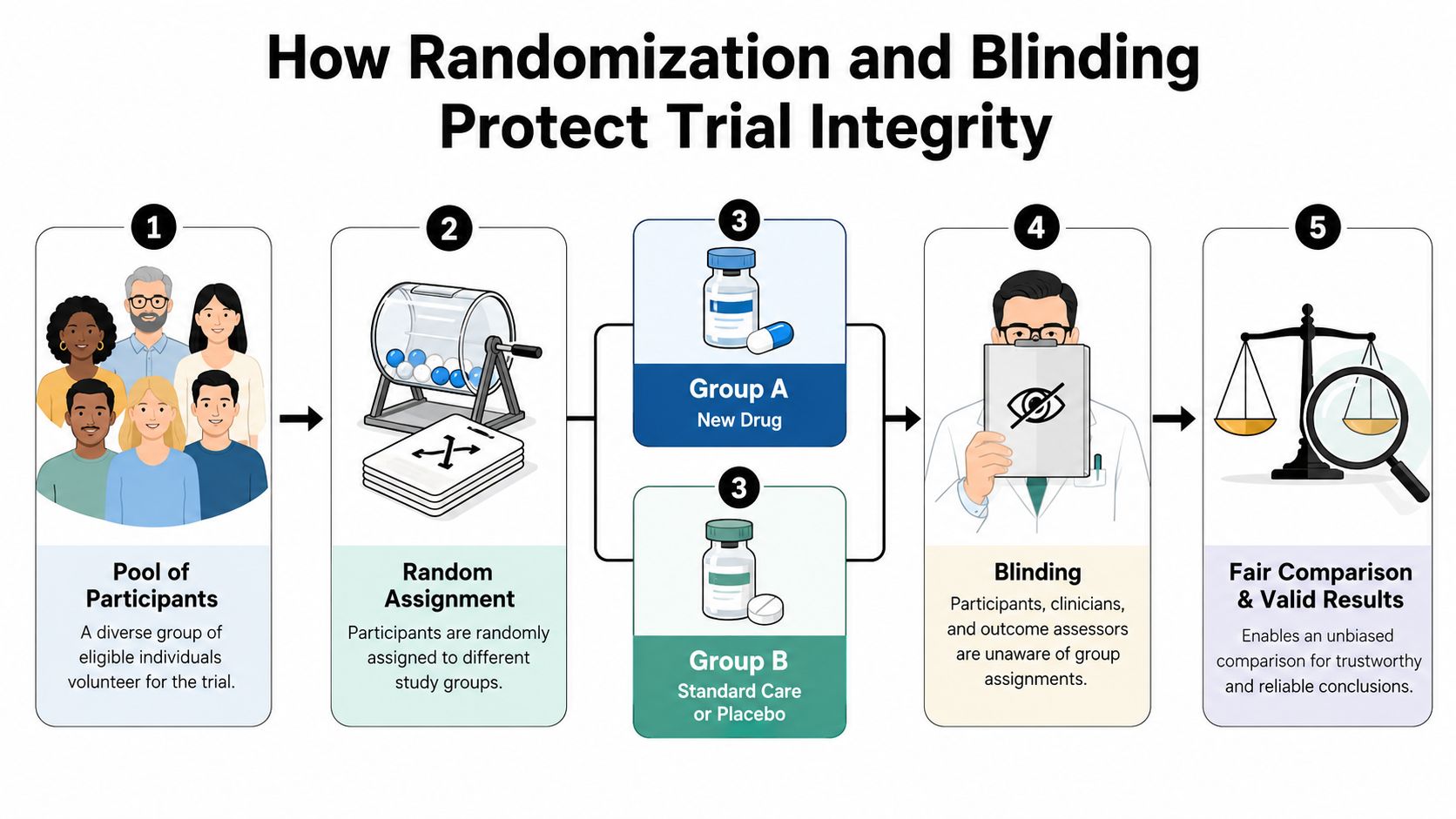 A diagram illustrating the clinical trial process using randomization and blinding to ensure fair and valid results.