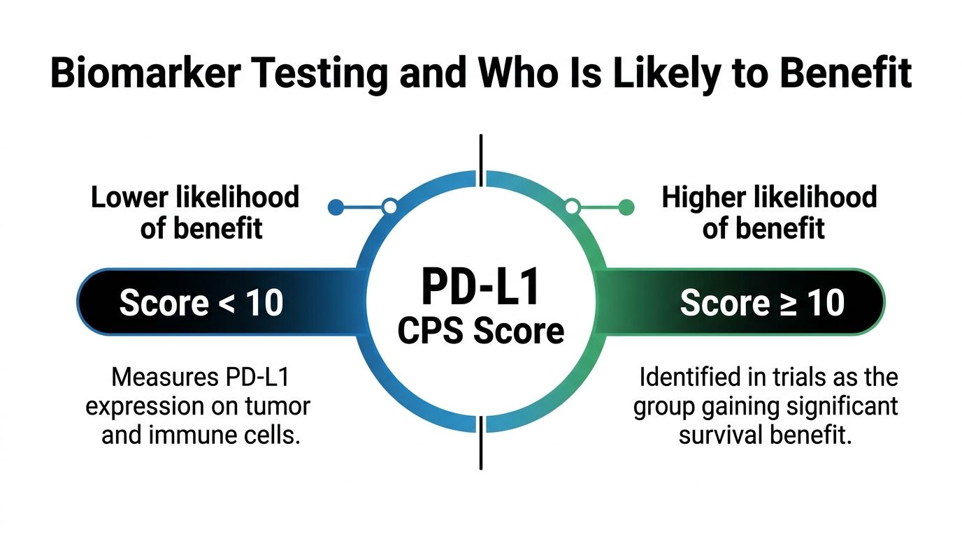 A diagram illustrating how PD-L1 CPS scores indicate the likelihood of benefit from immunotherapy in cancer treatment.
