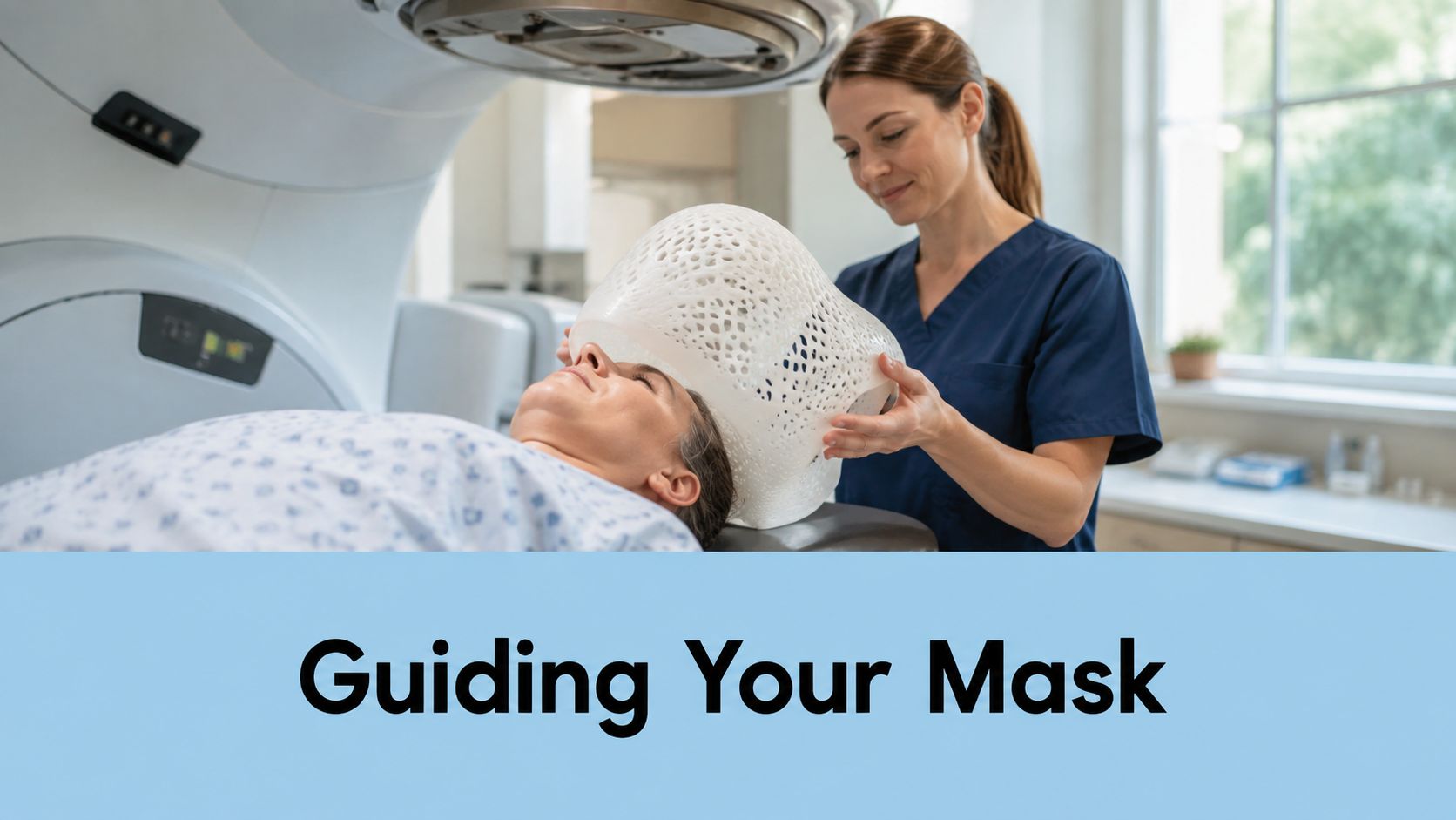 A medical professional carefully placing a customized radiation therapy mask onto a patient in a clinic.
