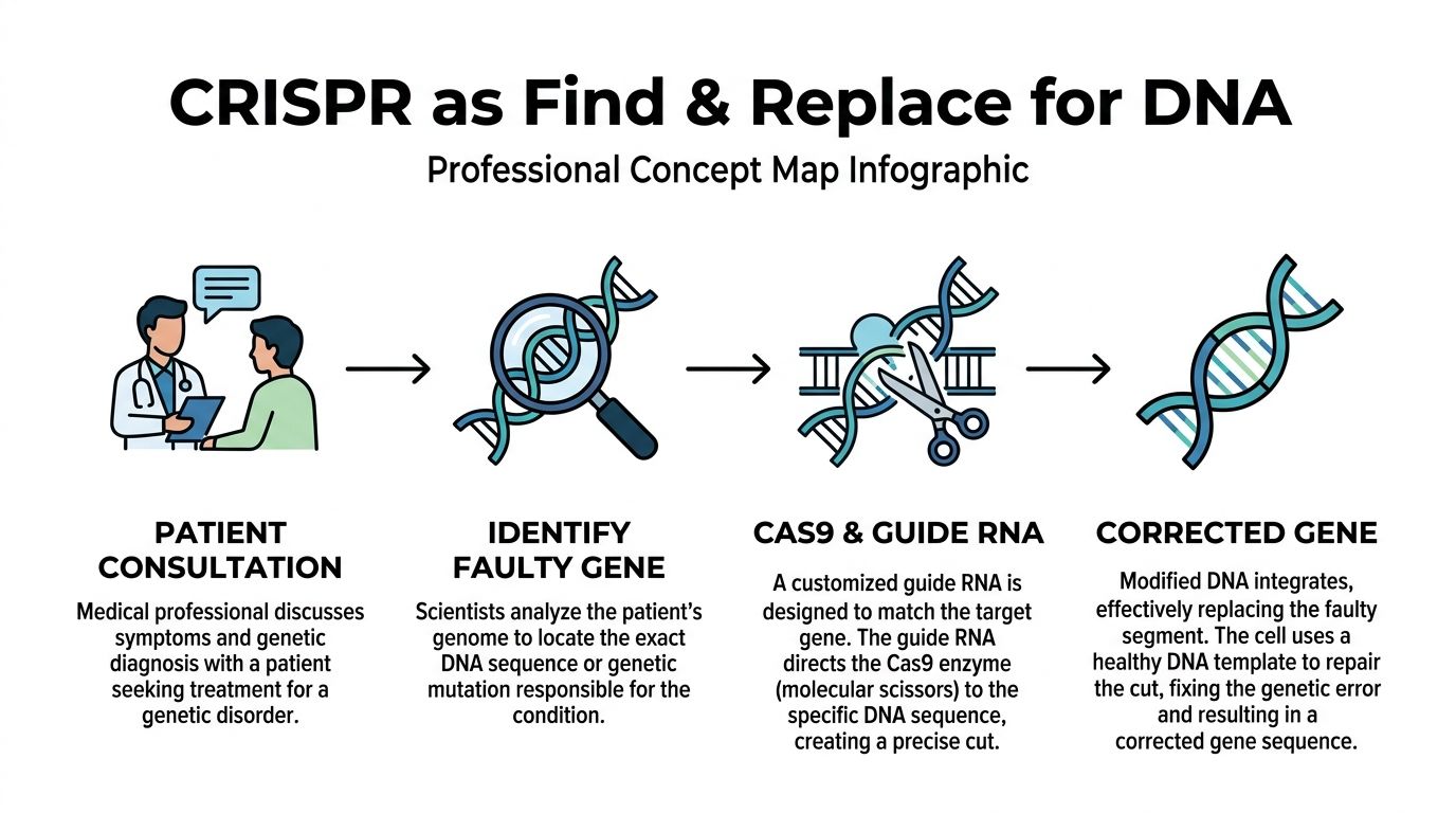 An infographic diagram illustrating the step-by-step process of CRISPR gene editing as find and replace for DNA.