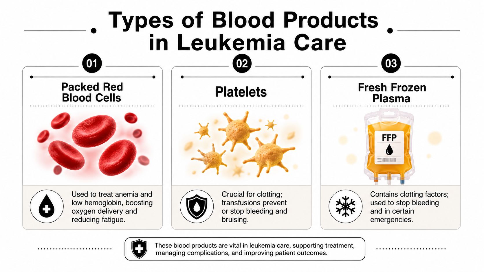 An infographic detailing the three main types of blood products used in leukemia care and treatment.