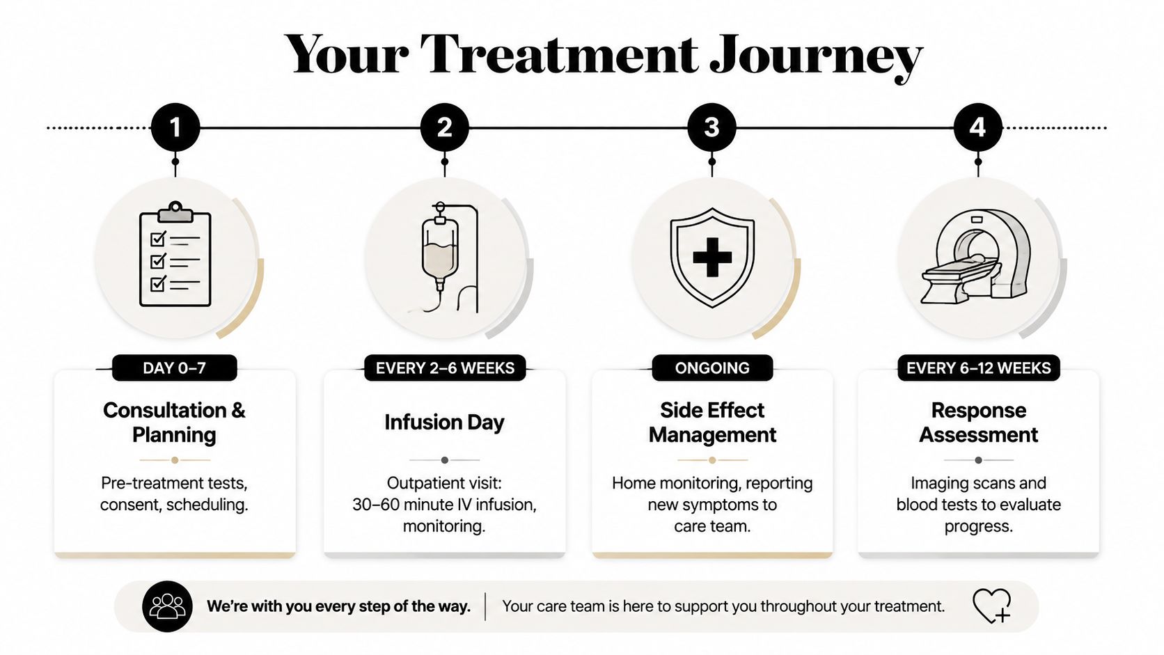 A diagram outlining a four-step patient journey for checkpoint inhibitor therapy, including consultation, infusion, management, and assessment.