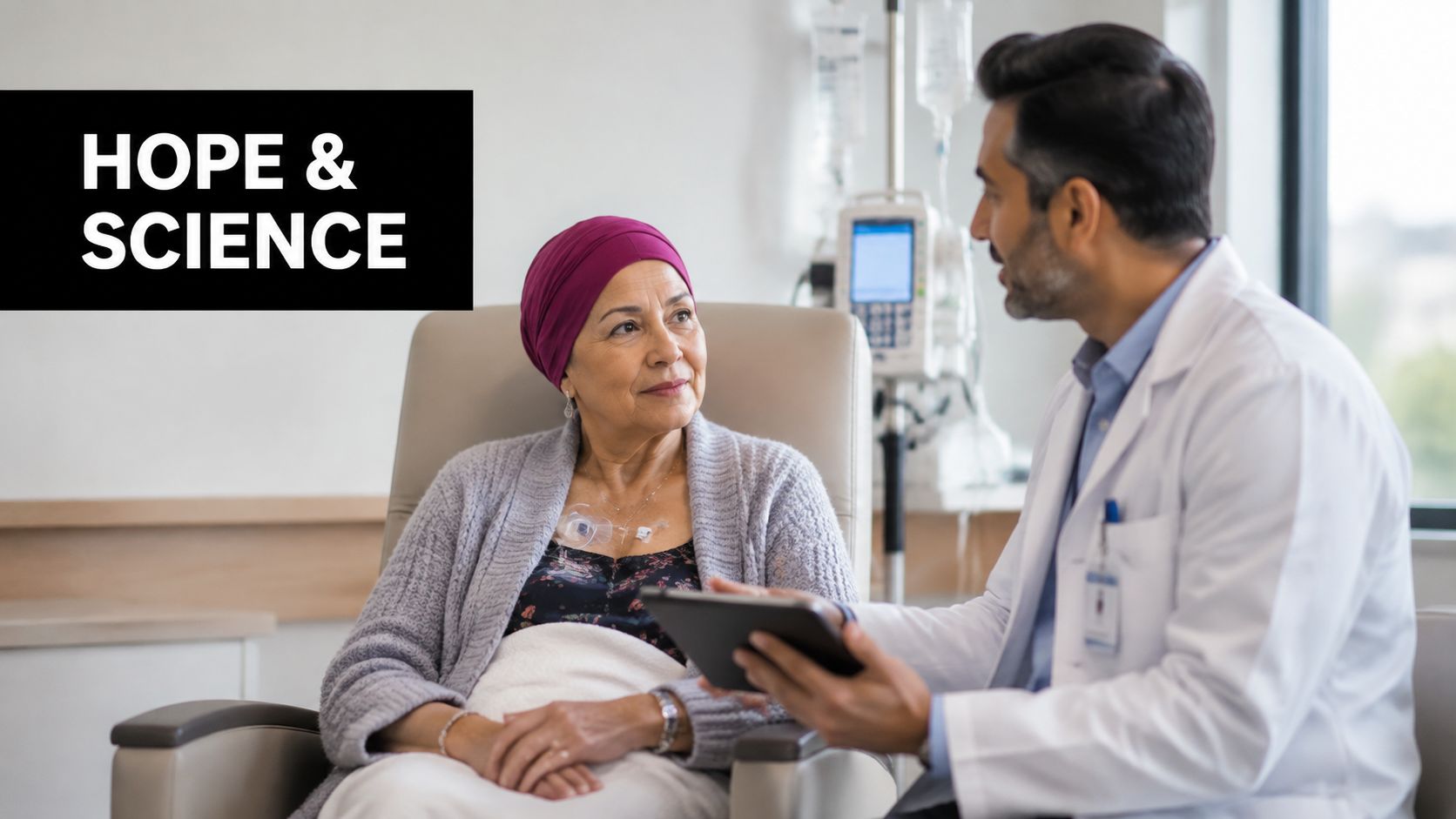 A doctor reviews medical information on a tablet with an older patient wearing a head covering.
