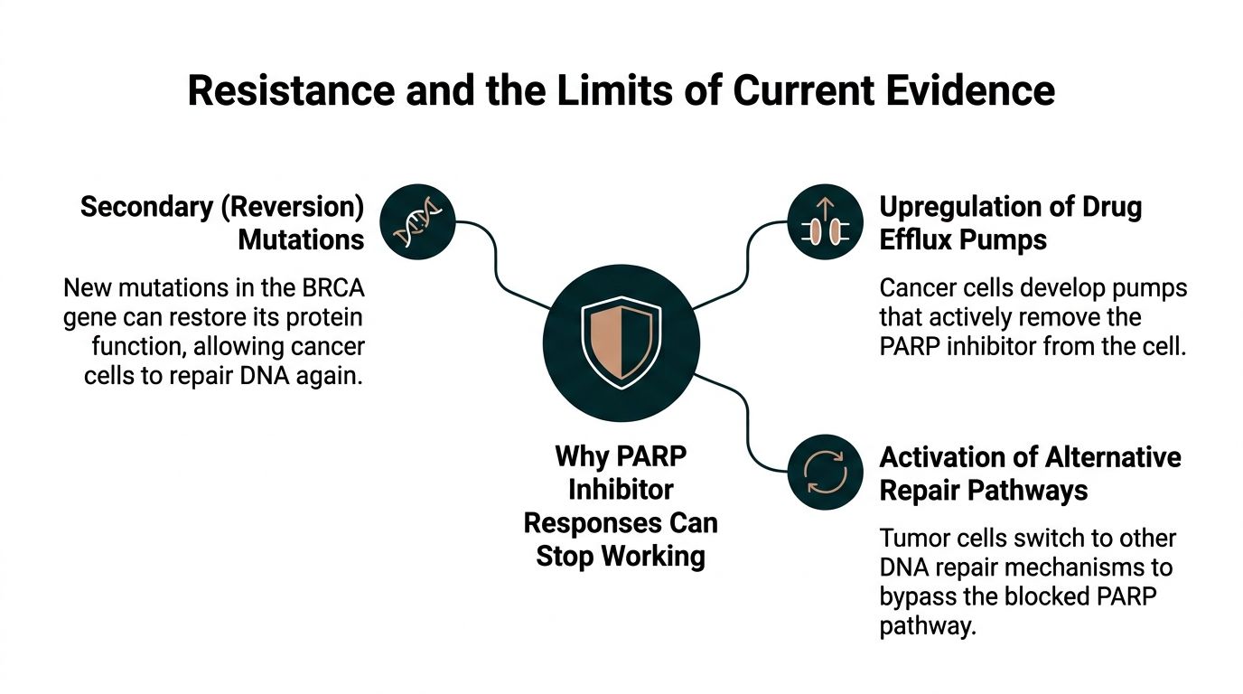 An infographic showing three primary biological mechanisms that cause cancer cells to develop resistance to PARP inhibitor therapy.