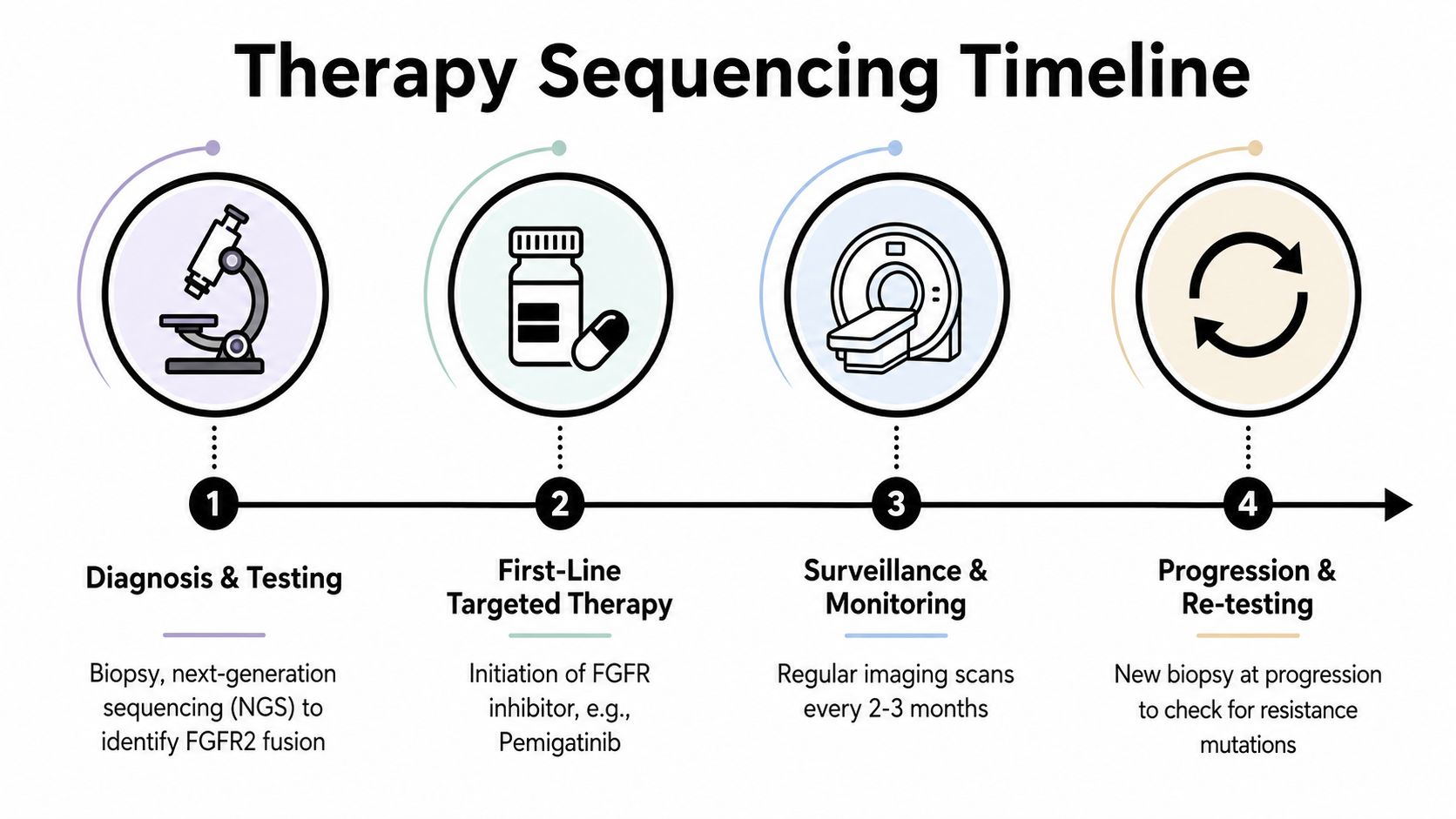 A therapy sequencing timeline for FGFR2 fusion cholangiocarcinoma patients, showing diagnosis, treatment, monitoring, and re-testing steps.