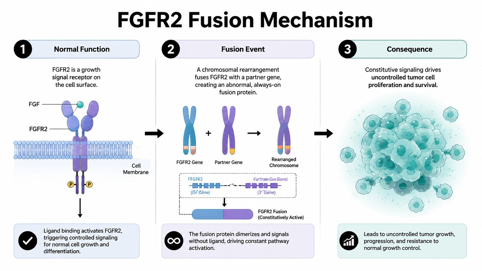 A diagram illustrating the FGFR2 fusion mechanism, showing normal cell signaling, gene rearrangement, and subsequent tumor growth.