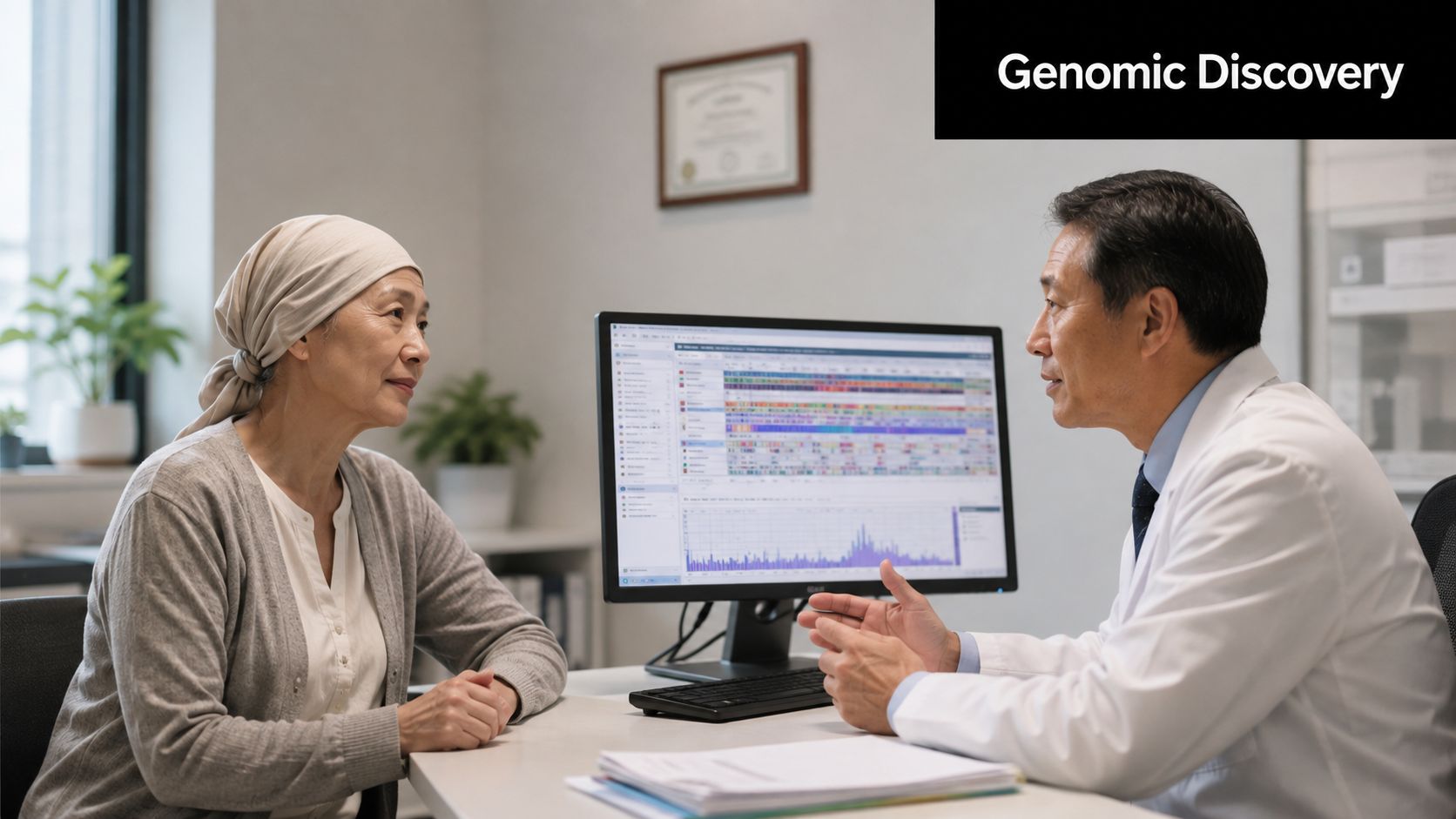 An oncologist discusses genomic test results with a female patient wearing a head covering in a clinic.