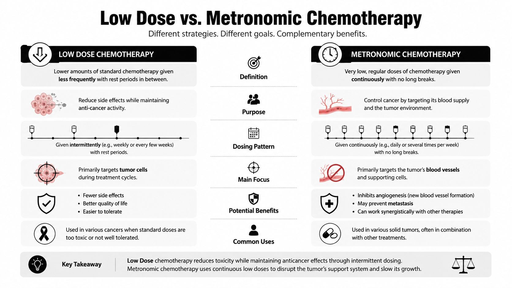 A comparison chart showing the differences between low dose chemotherapy and metronomic chemotherapy treatment strategies.