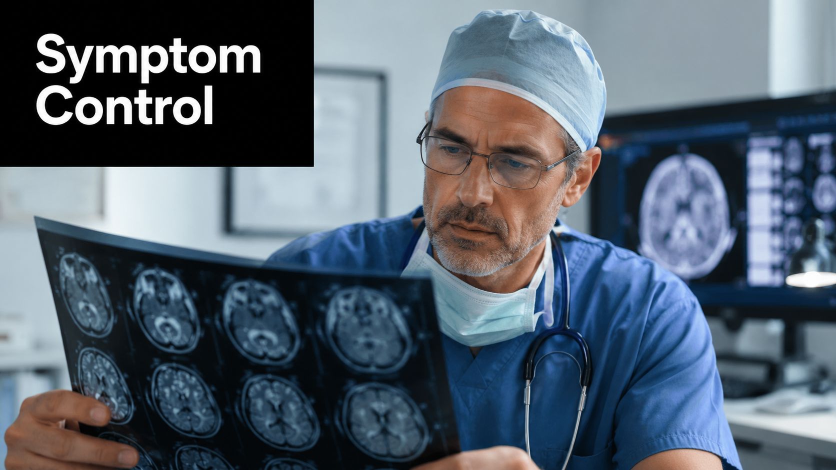 A focused doctor in scrubs examining brain MRI scans while wearing a surgical mask and cap.