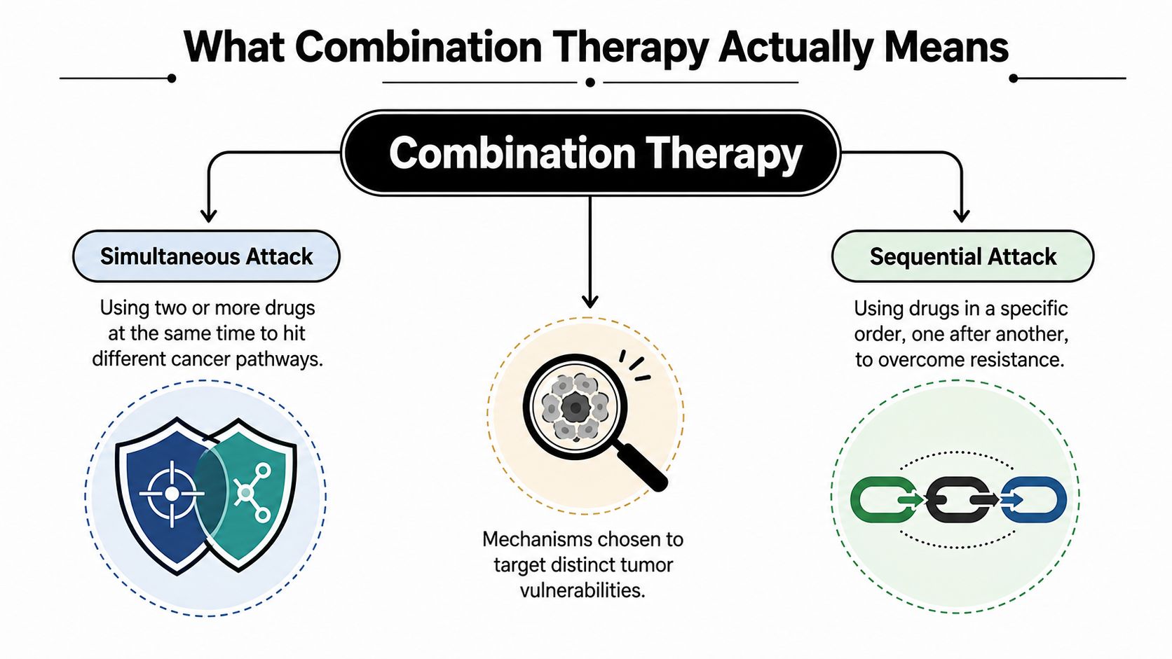 An infographic explaining combination therapy for cancer treatment, detailing simultaneous and sequential attack strategies.