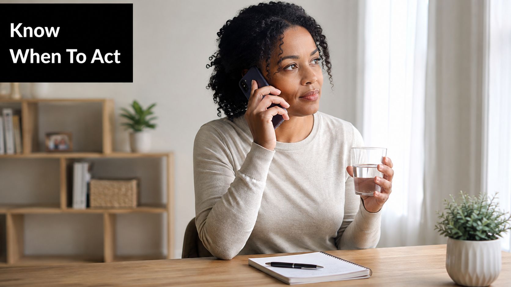 A woman talking on a smartphone while holding a glass of water, sitting at a wooden desk.