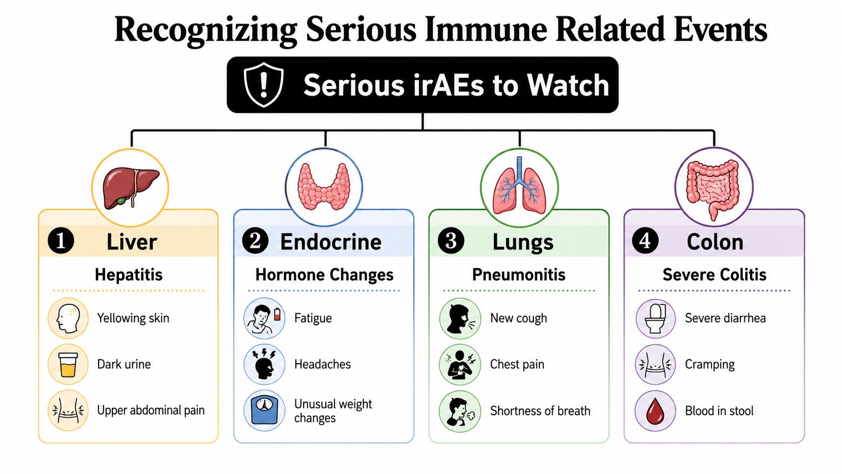 An infographic showing serious immune-related side effects such as hepatitis, hormone changes, pneumonitis, and severe colitis.