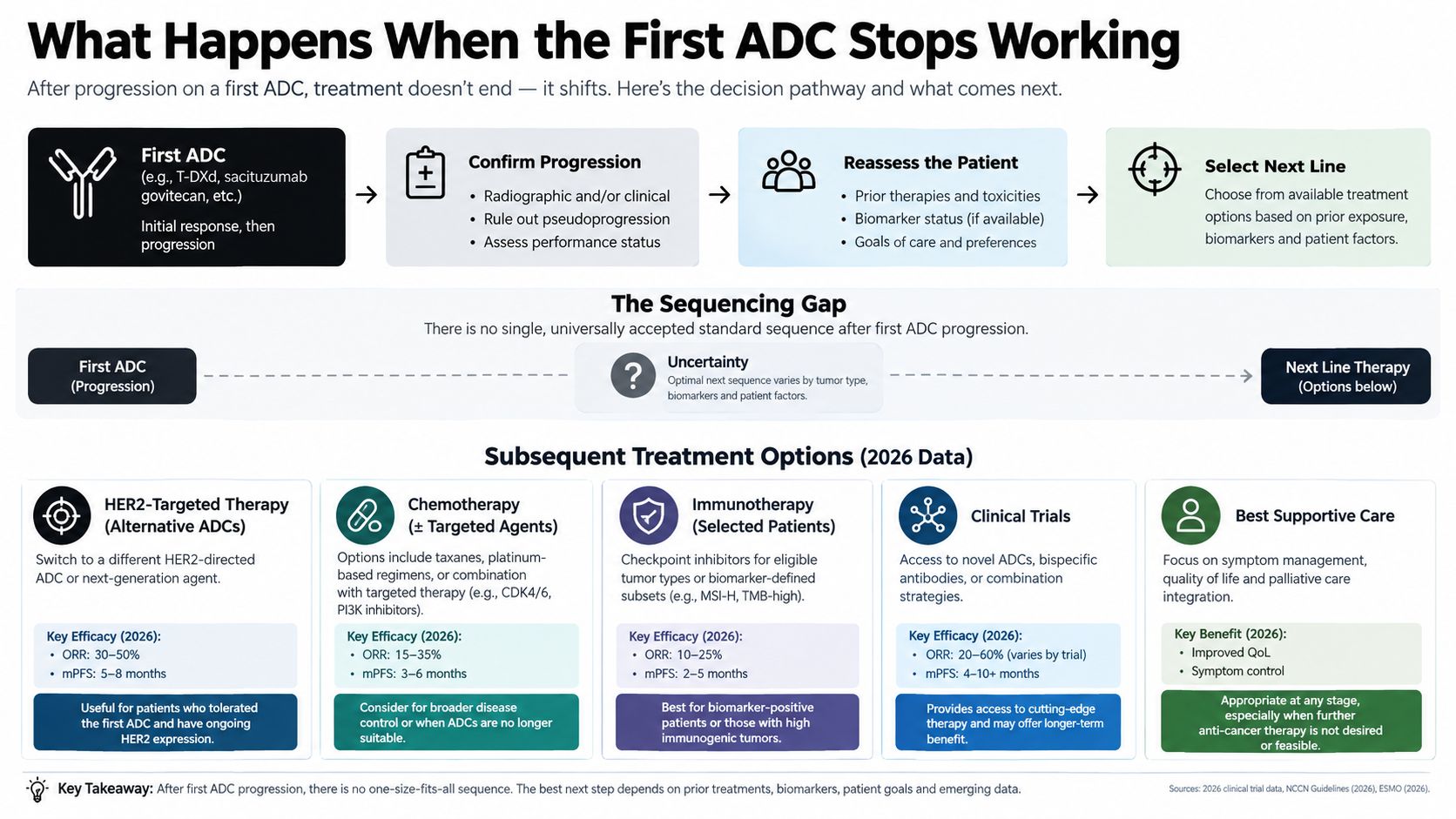 A clinical flowchart explaining decision-making and treatment options after antibody-drug conjugate (ADC) therapy progression in cancer patients.