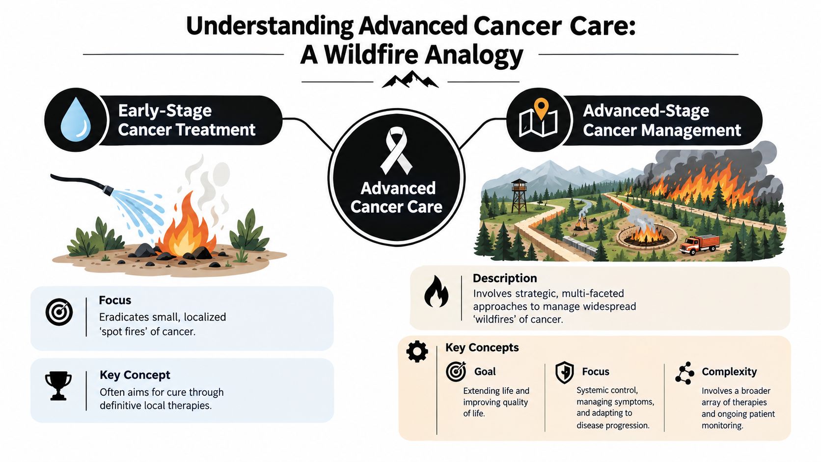 An infographic explaining advanced cancer care using a wildfire analogy to compare early-stage versus advanced-stage management.