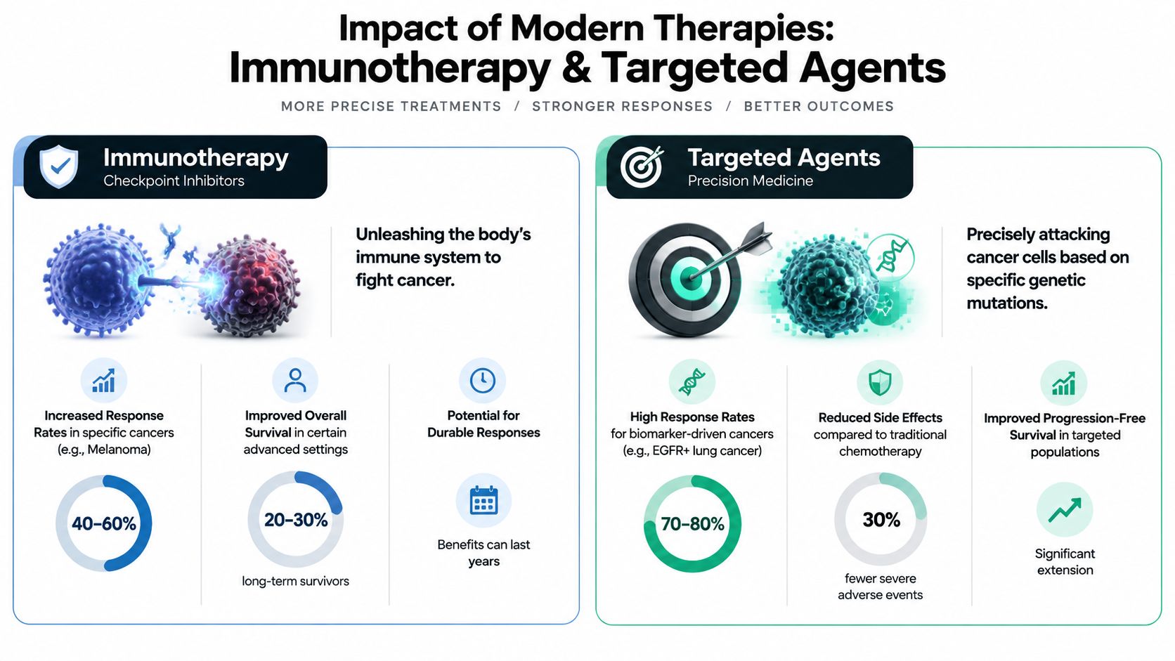 An infographic comparing immunotherapy and targeted agents as modern, precise, and effective cancer treatment options.