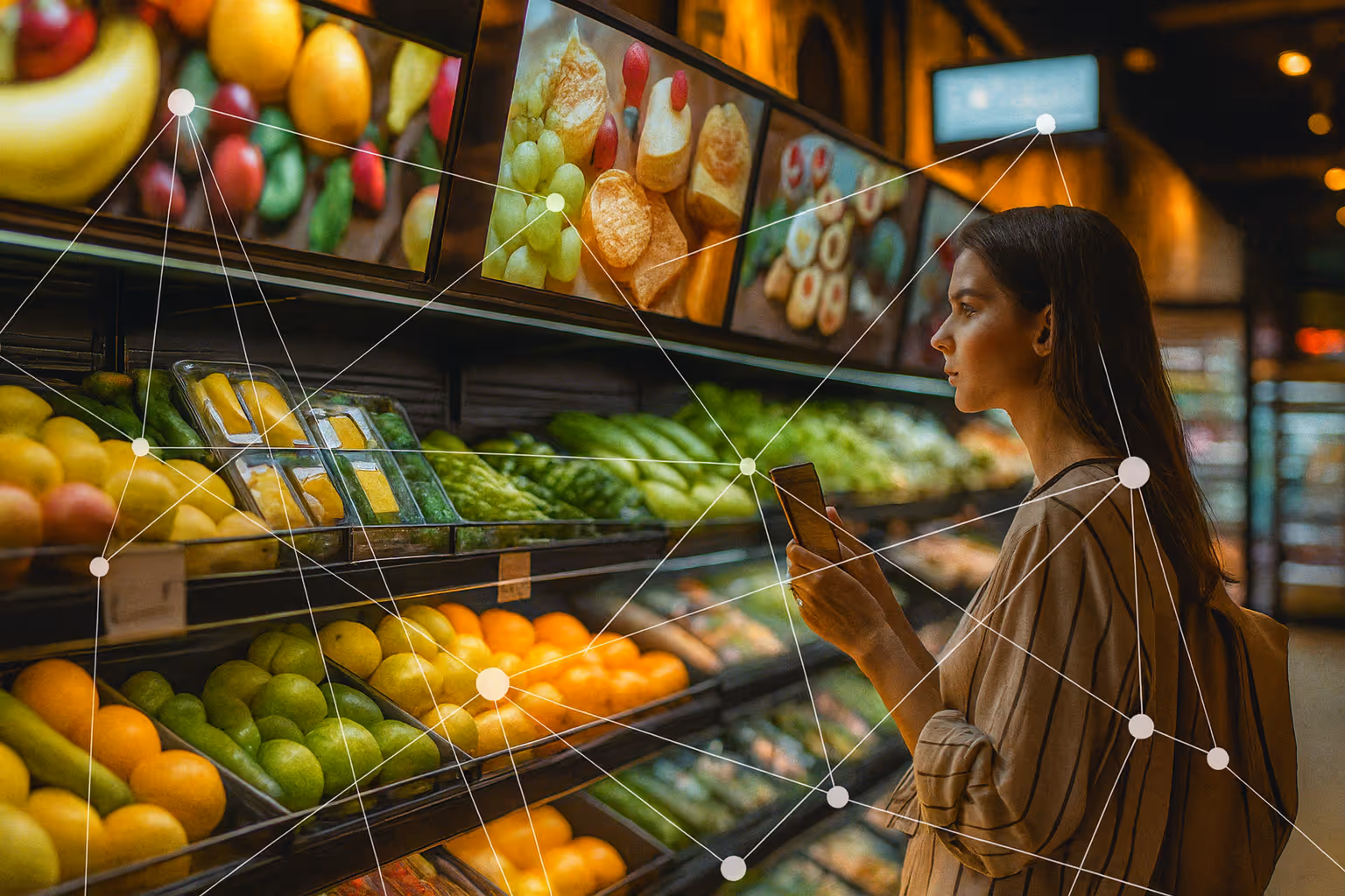 Digital screens and in-store displays showing retail media advertising in an Asian supermarket.
