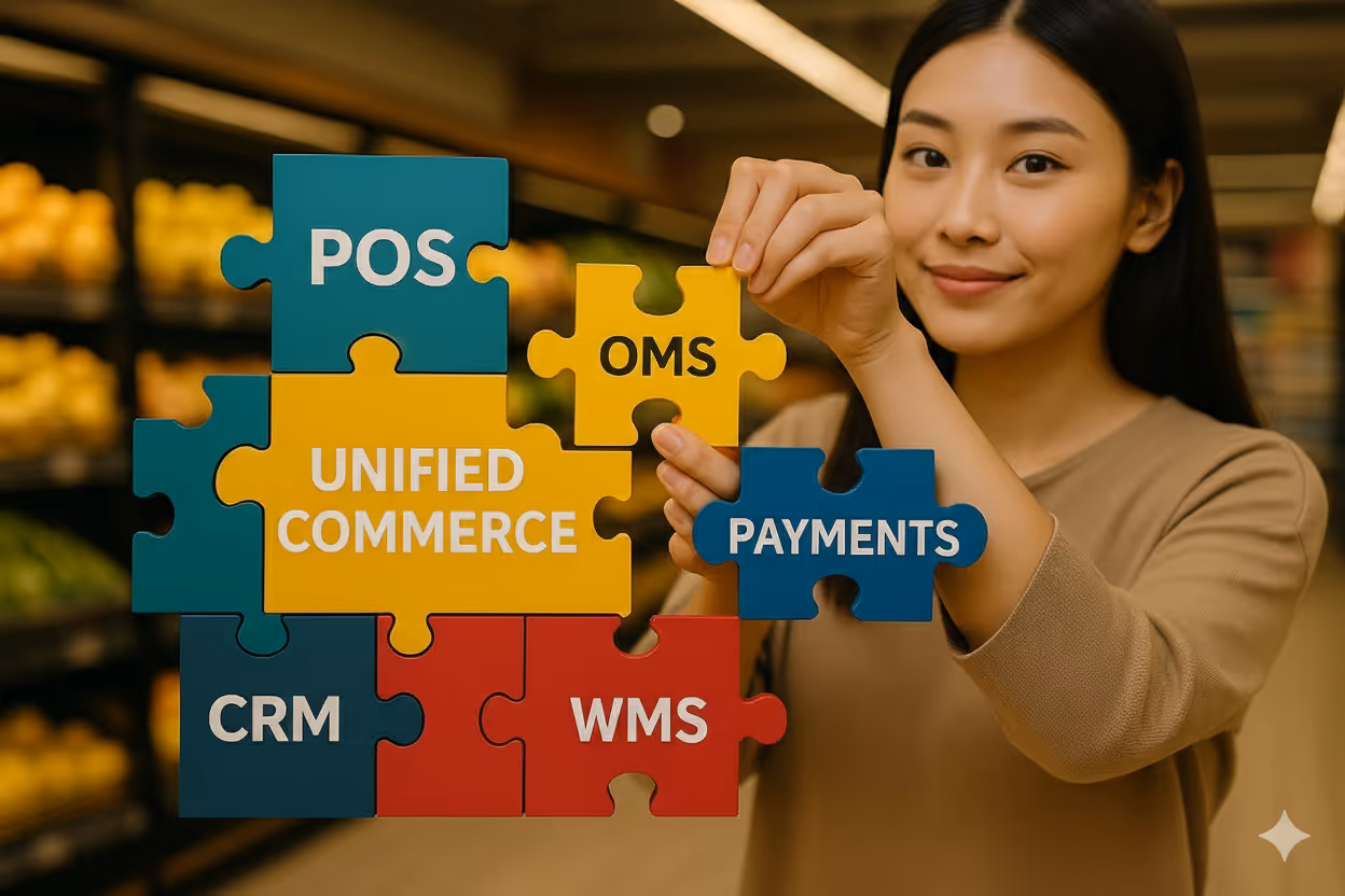 Unified commerce tech stack diagram showing OMS, POS, eCommerce, payments, and customer data connected in one flow.