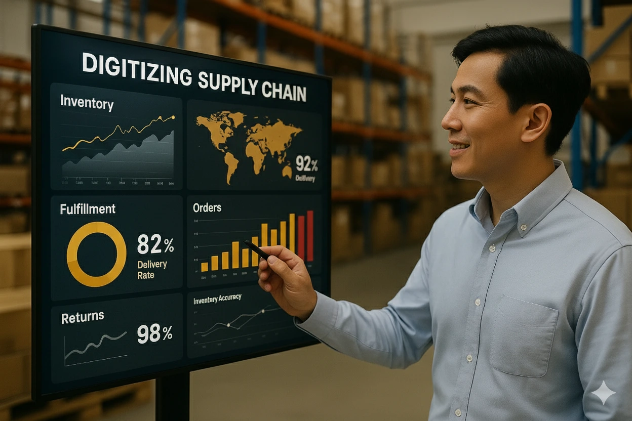 Man in warehouse reviewing digital supply chain dashboard showing inventory, fulfillment, orders, and returns metrics — illustrating supply chain digitization.