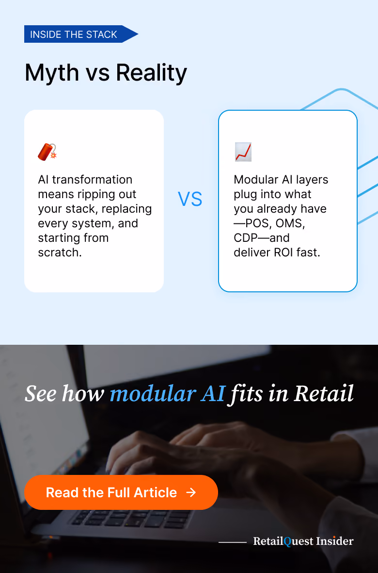 Modular AI layers connecting POS, OMS, and CDP in retail.