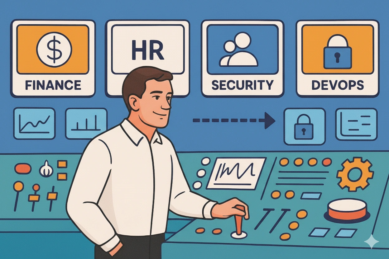 Retail operating backbone illustrated with six connected pillars—Finance, HR, Collaboration, Productivity, Security, and IT Ops—powering scalable retail growth