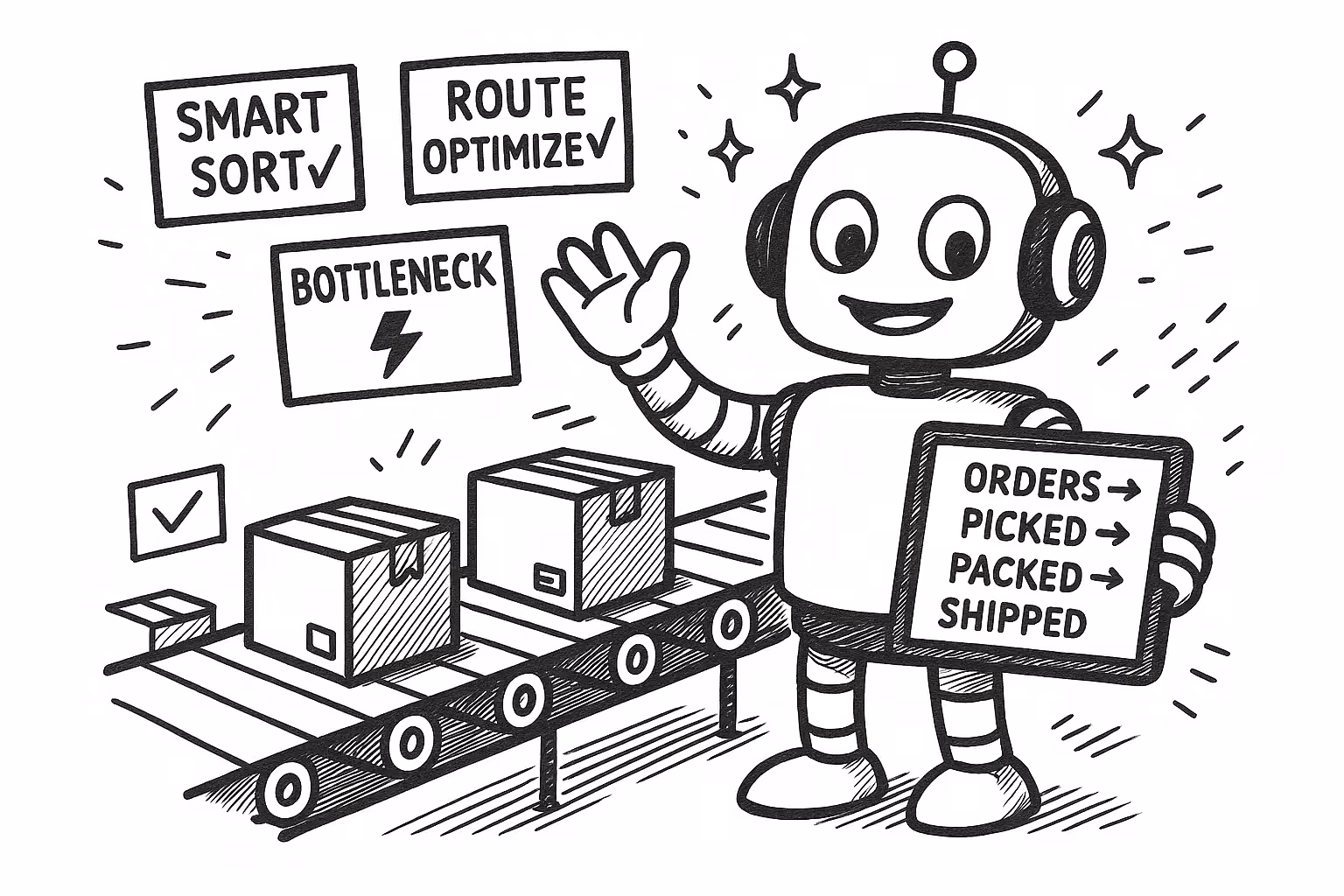 Warehouse automation stack diagram showing robots, AI orchestration, and WMS integration.