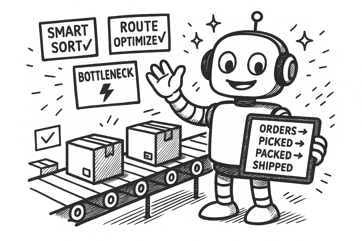 Warehouse automation stack diagram showing robots, AI orchestration, and WMS integration.