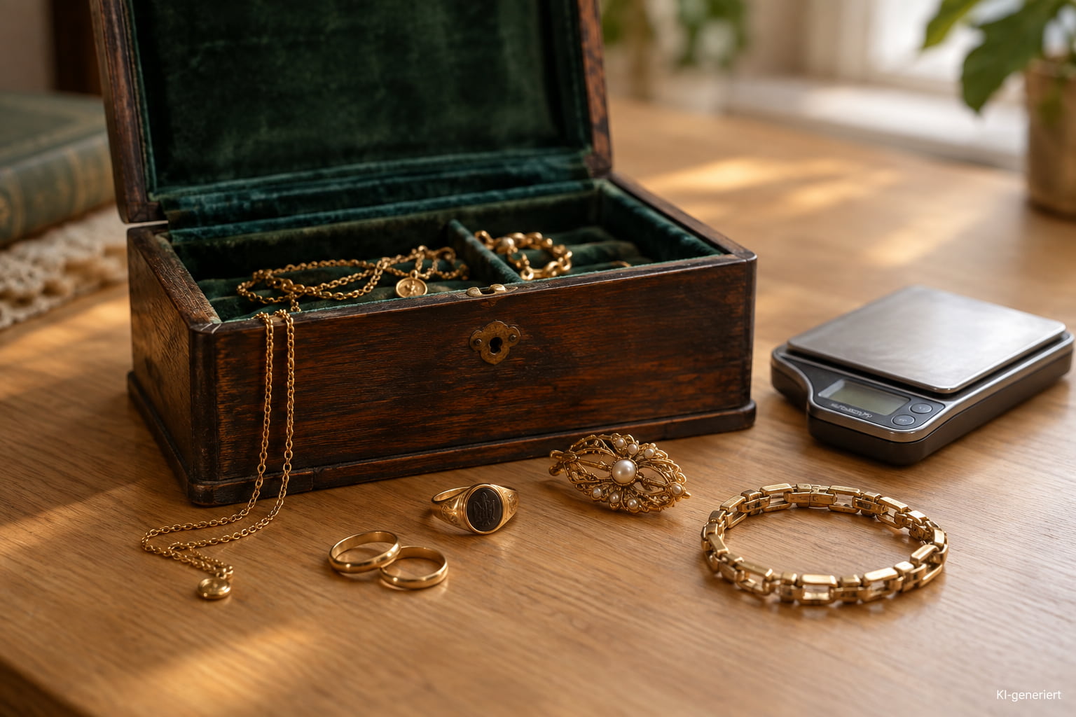 Alte Schmuckschatulle mit Goldschmuck, Brosche und Armband auf Holztisch