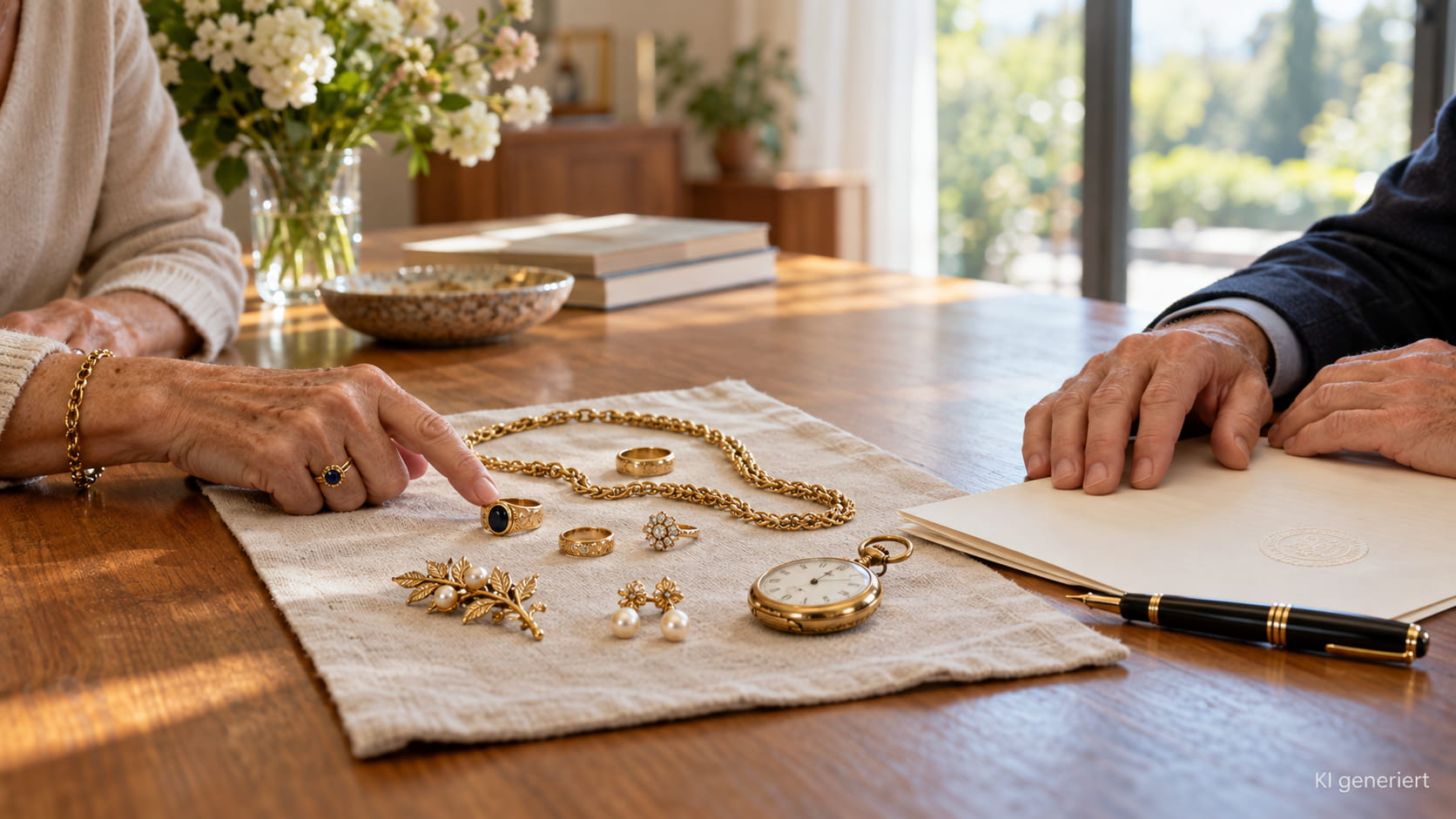 Zwei Erben am Tisch, eine Hand zeigt auf geerbten Goldschmuck, daneben ein Erbdokument mit Siegel