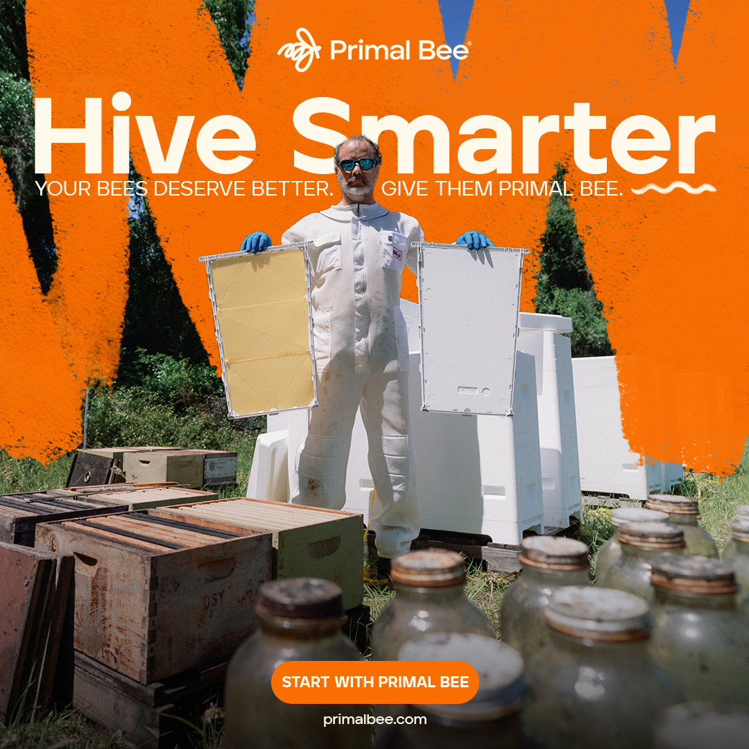 Beekeeper in a white suit holds two hive frames in front of stacked boxes and jars, on an orange brushstroke background, under the headline Hive Smarter.