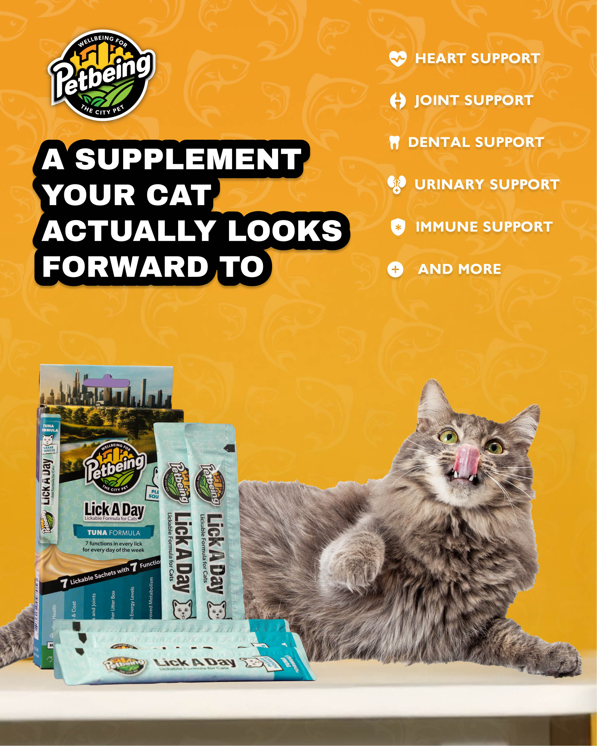 Grey long-haired cat licks its nose beside a stack of Lick A Day boxes and sachets on an orange background, with a list of supported functions.